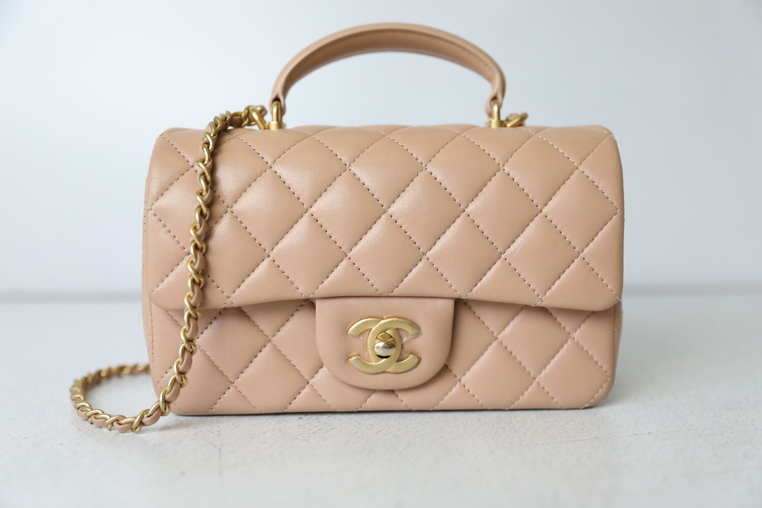 Chanel Mini Rectangular Top Handle, Beige Lambskin with Brushed Gold  Hardware, Preowned in Box WA001