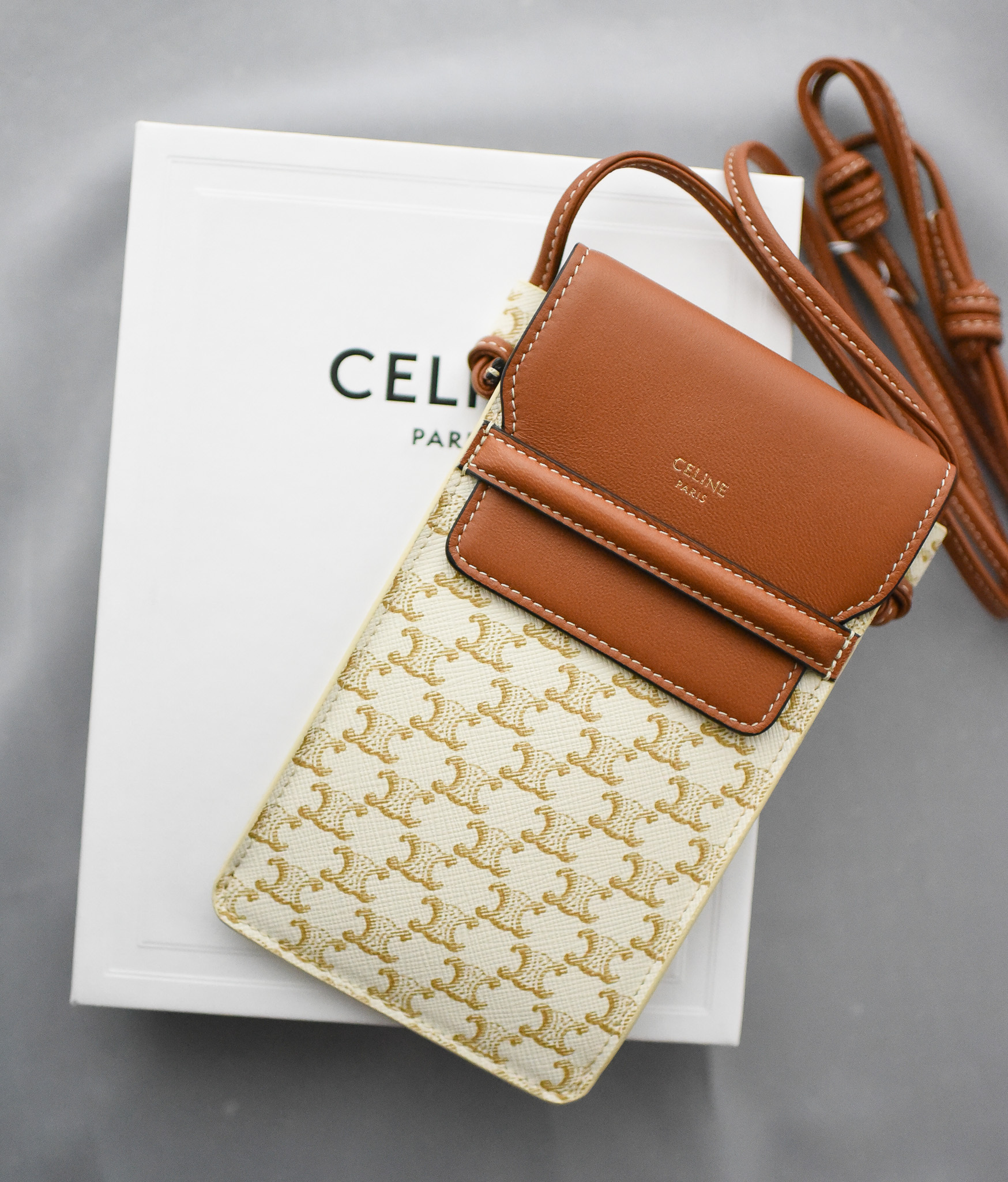 Celine Triomphe Phone Pouch with Flap Crossbody, Canvas and Tan