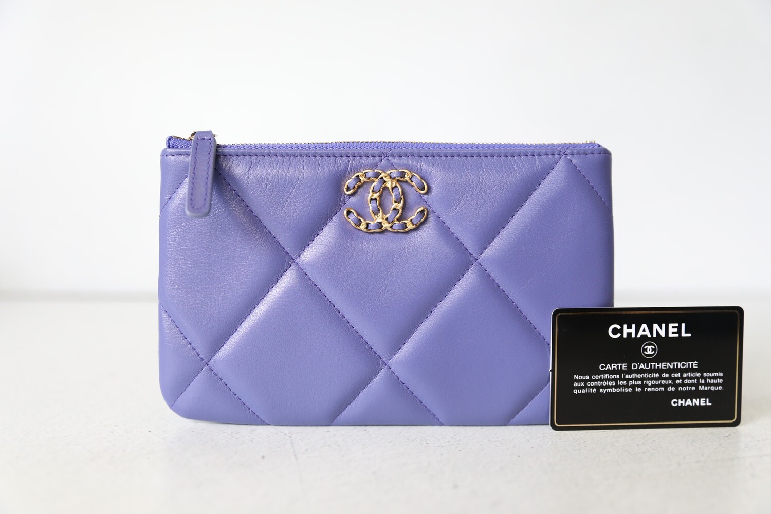 Chanel 19 Pouch, Purple Lambskin with Gold Hardware, Preowned in Box WA001