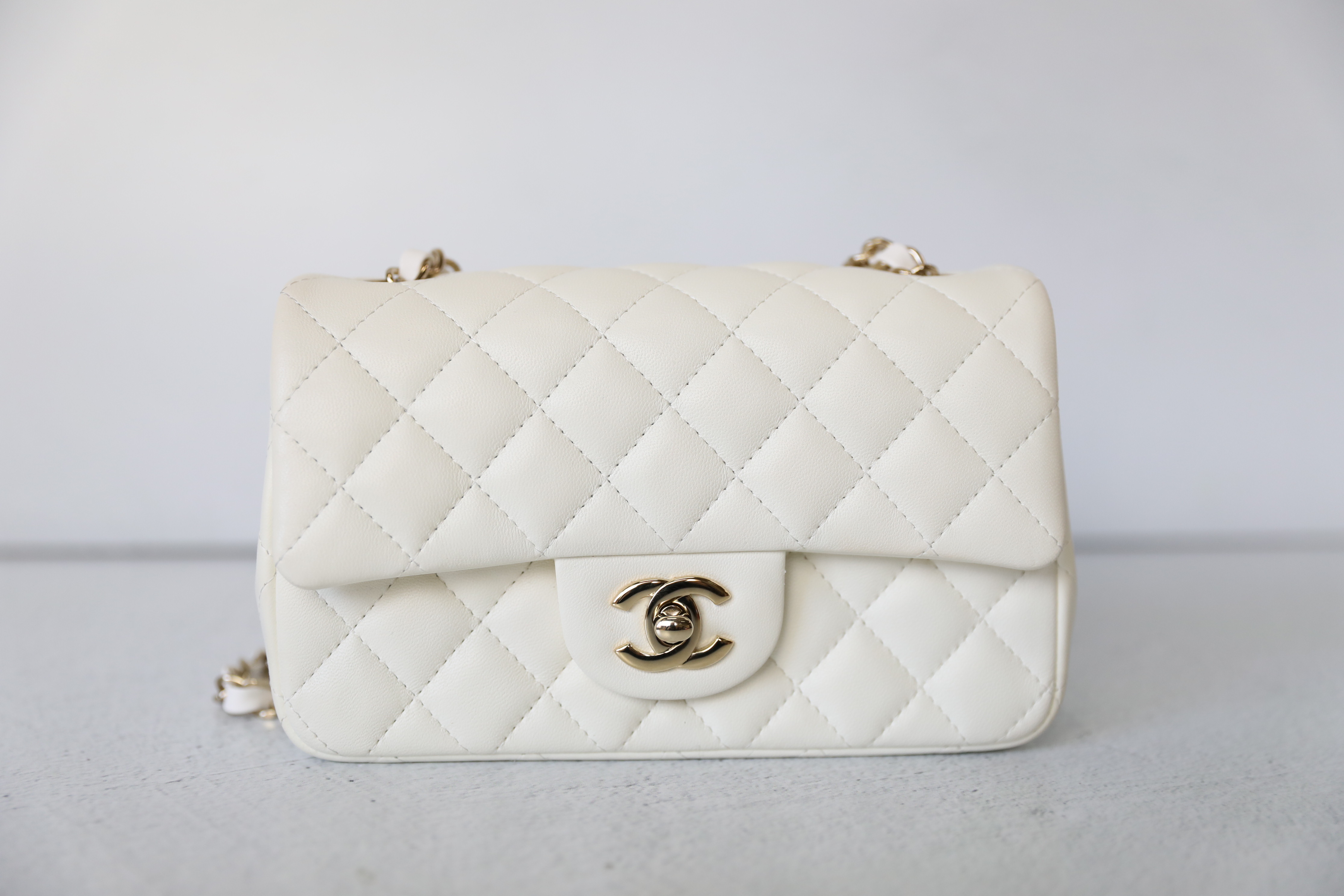Chanel Classic Mini Rectangular, White Lambskin Leather with Gold