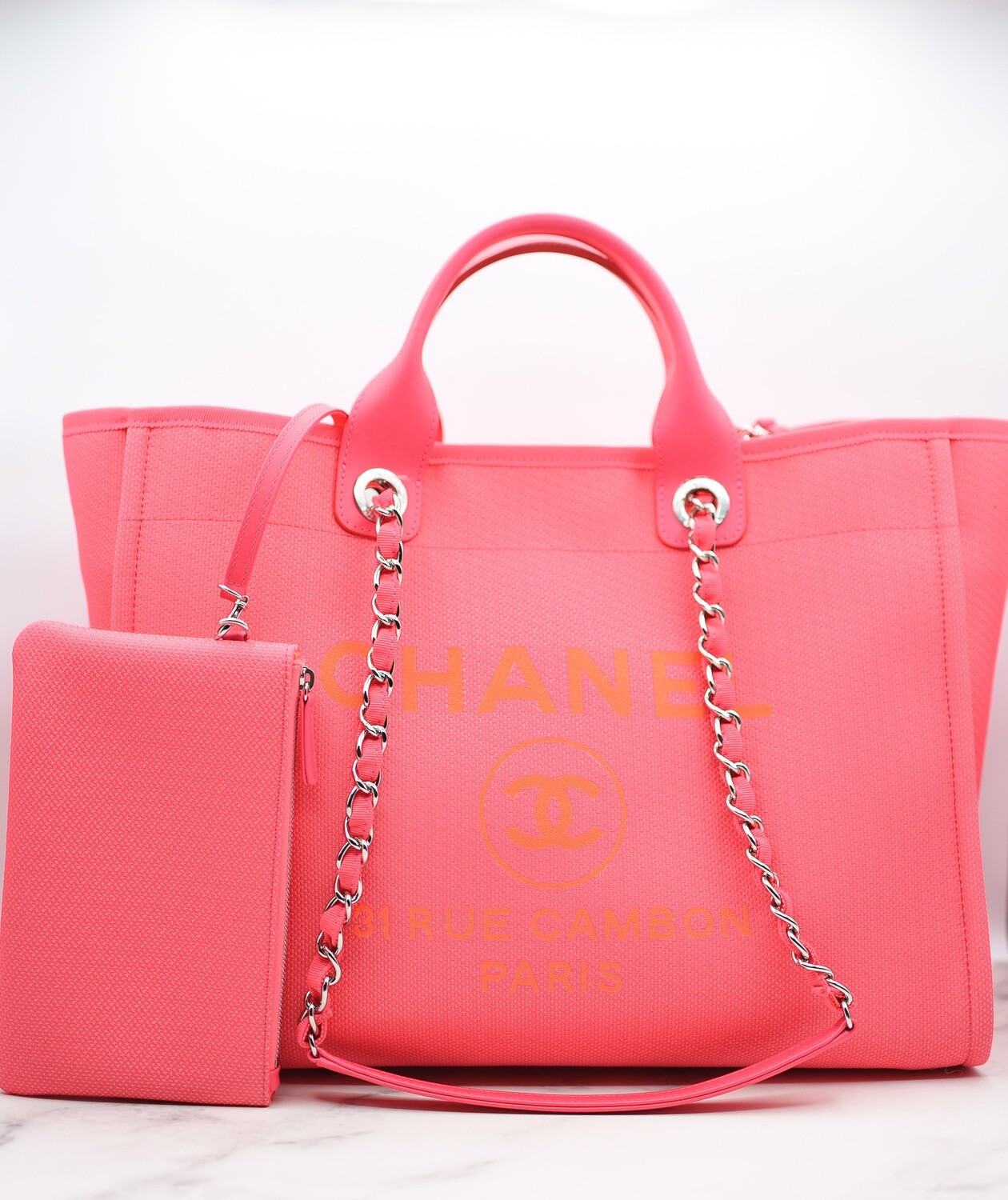 Chanel Deauville Large, 21S Hot Pink Fabric with Silver Hardware, Preowned in Dustbag GA001