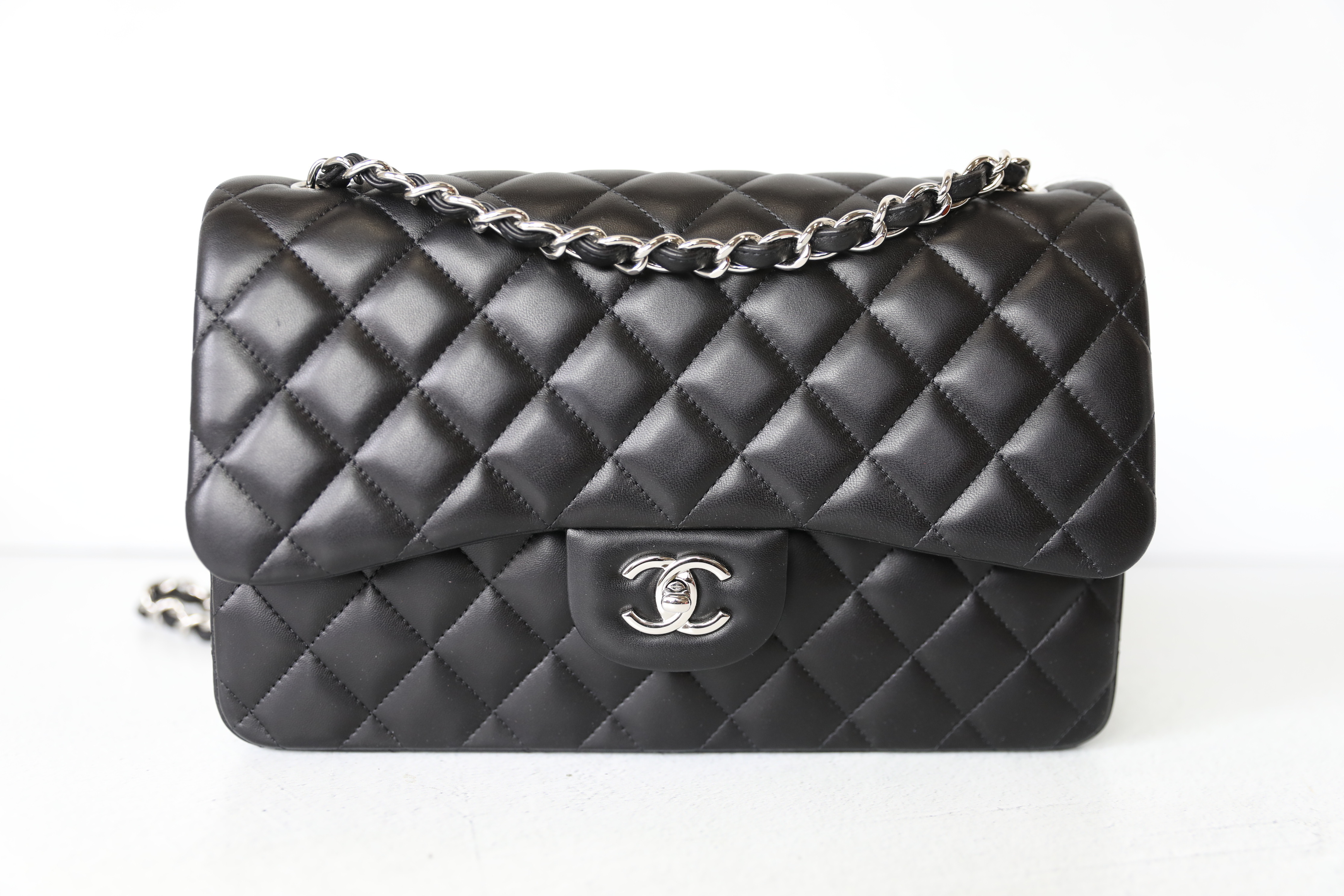 Chanel Classic Jumbo, Black Lambskin Leather with Silver Hardware, Preowned  in Box WA001