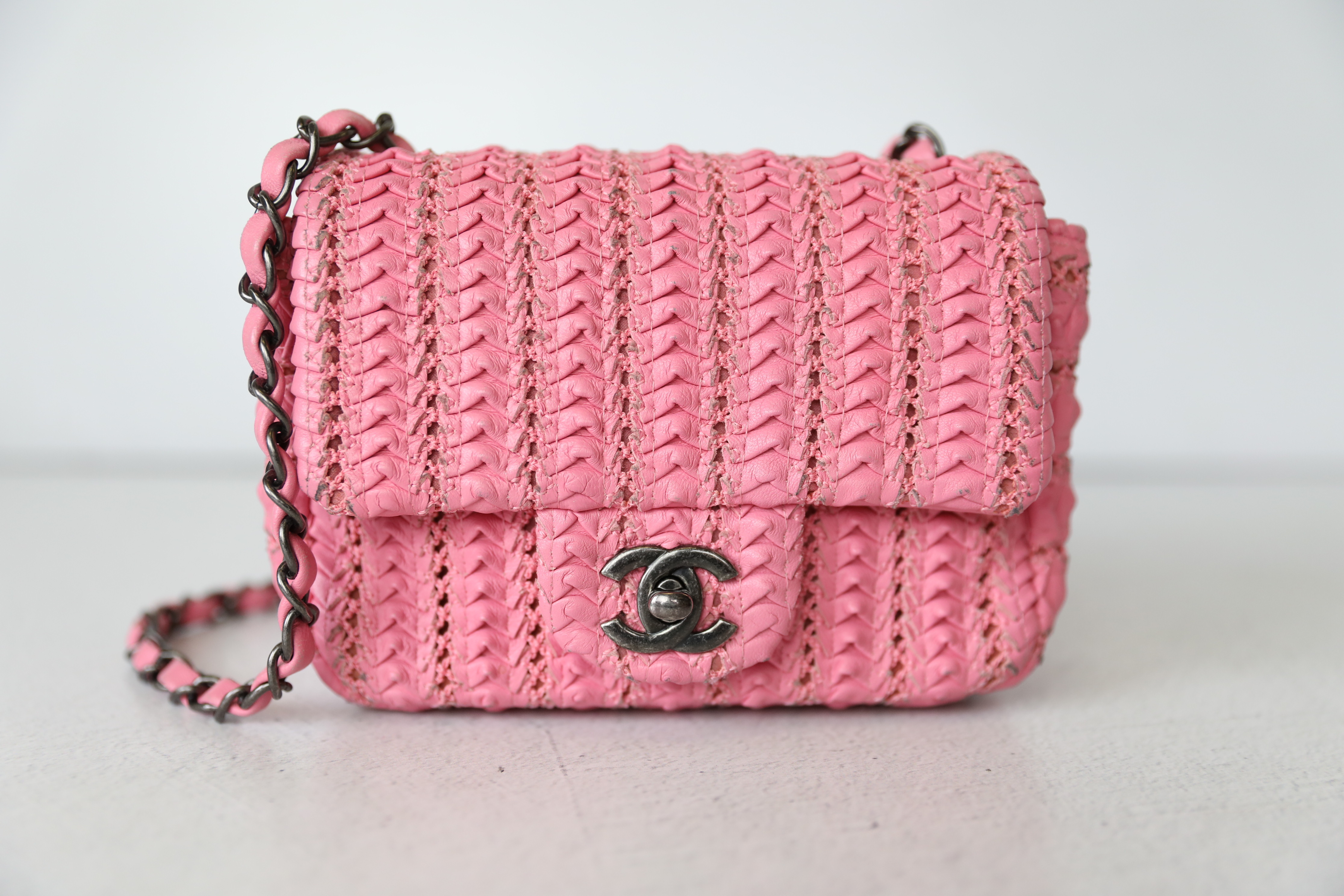 Chanel Mini Square Flap, Pink Woven Leather with Ruthenium Hardware,  Preowned in Dustbag WA001 - Julia Rose Boston