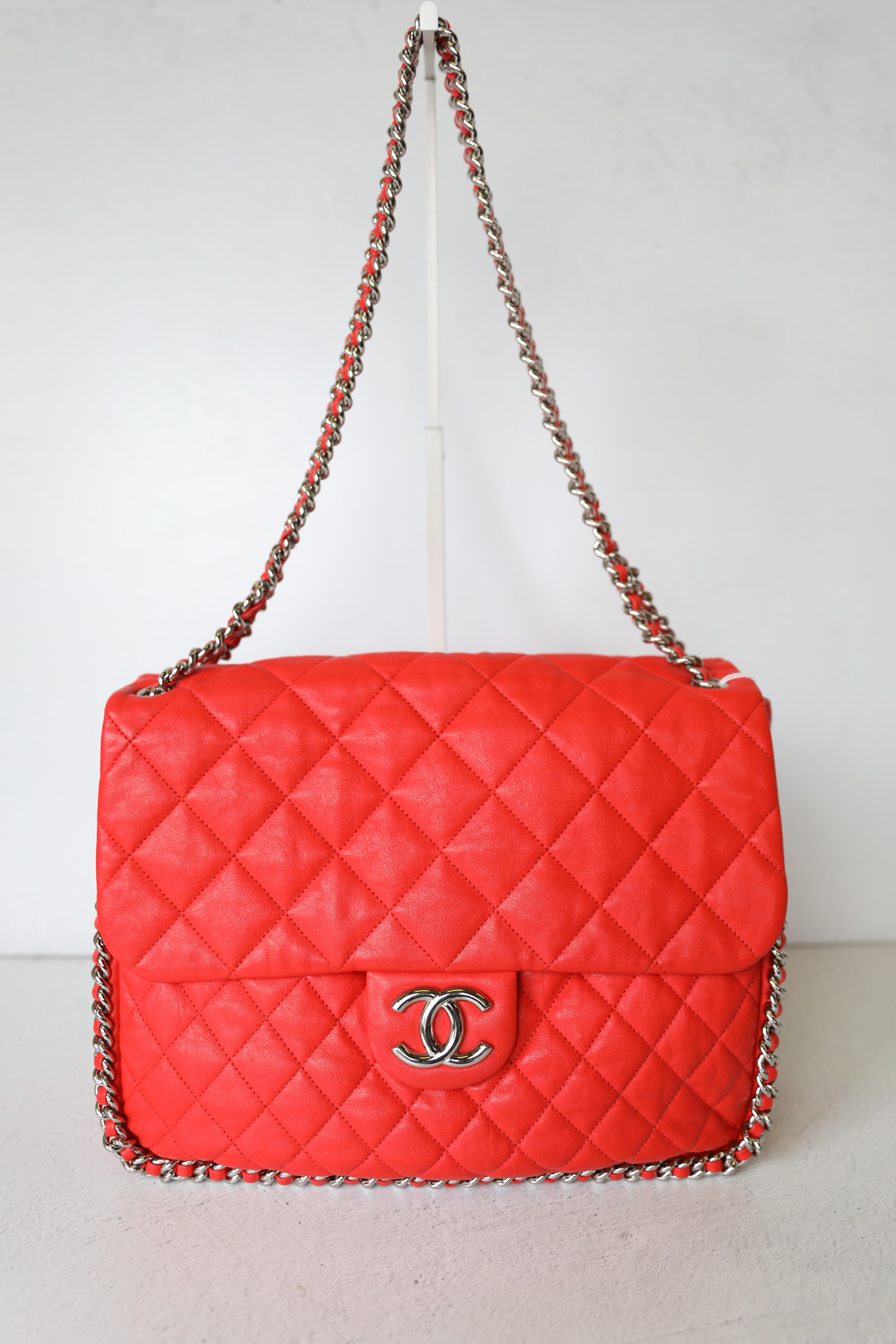 Chanel Chain Around Maxi Flap, Red Leather with Silver Hardware, Preowned  in Dustbag WA001