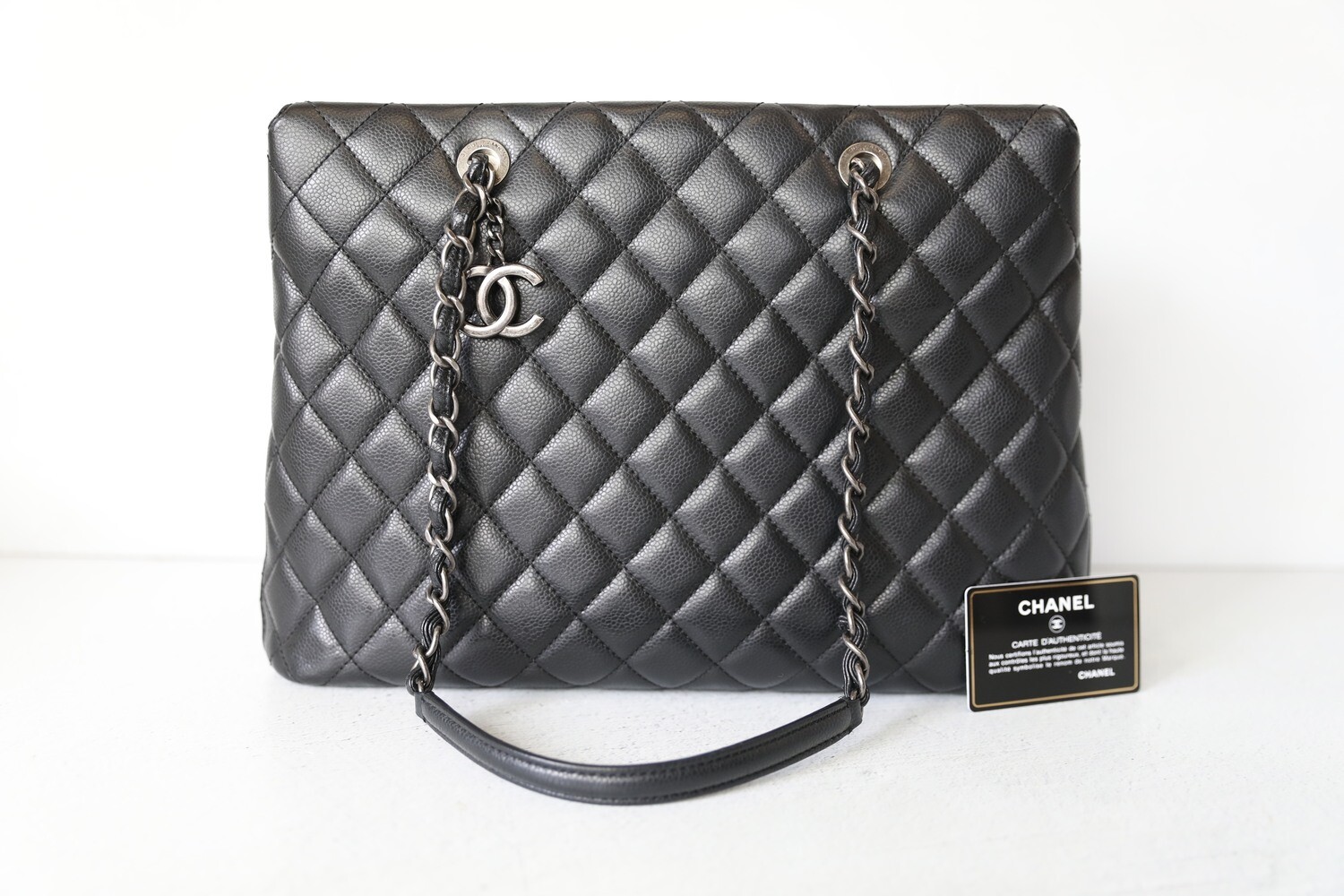 Chanel Shopping Tote, Black Caviar with Ruthenium Hardware, Preowned in Box  WA001