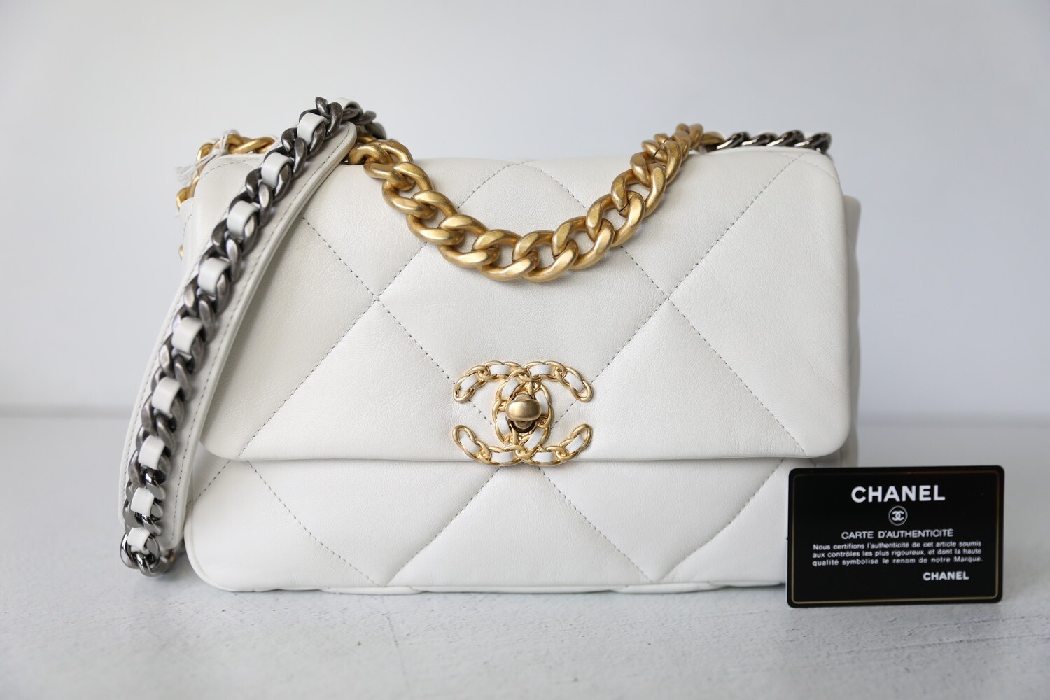 Chanel 19 Small, White Leather with Mixed Tone Hardware, New in Box WA001