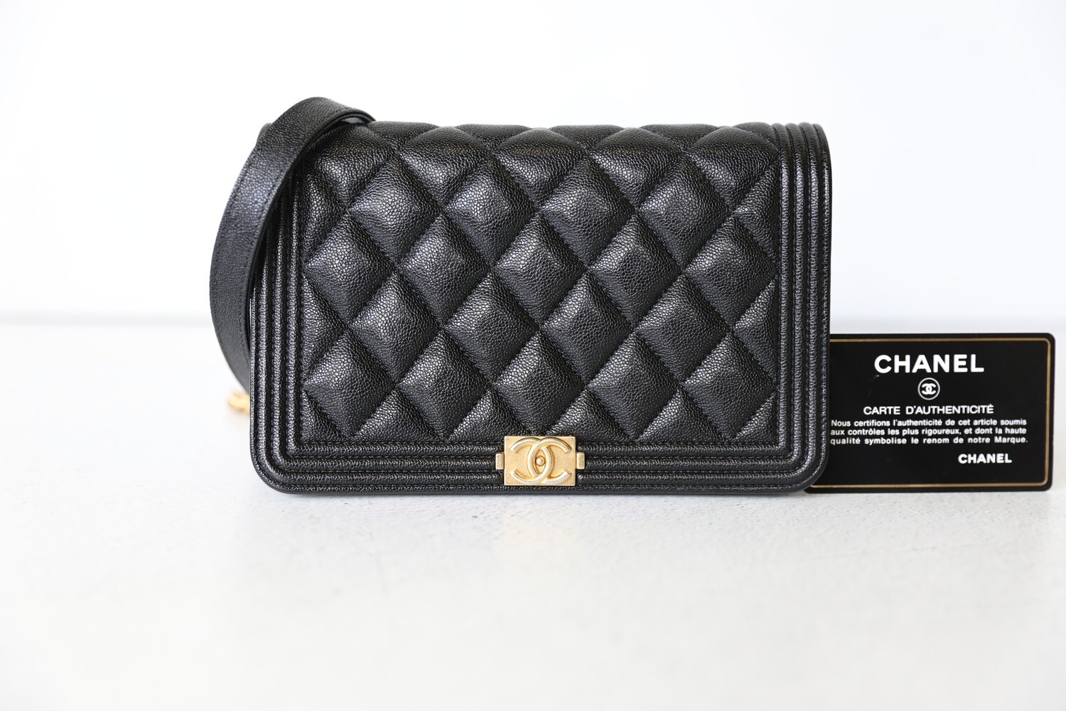 Chanel Boy Wallet on Chain, Black Caviar Leather with Gold Hardware,  Preowned in Box WA001
