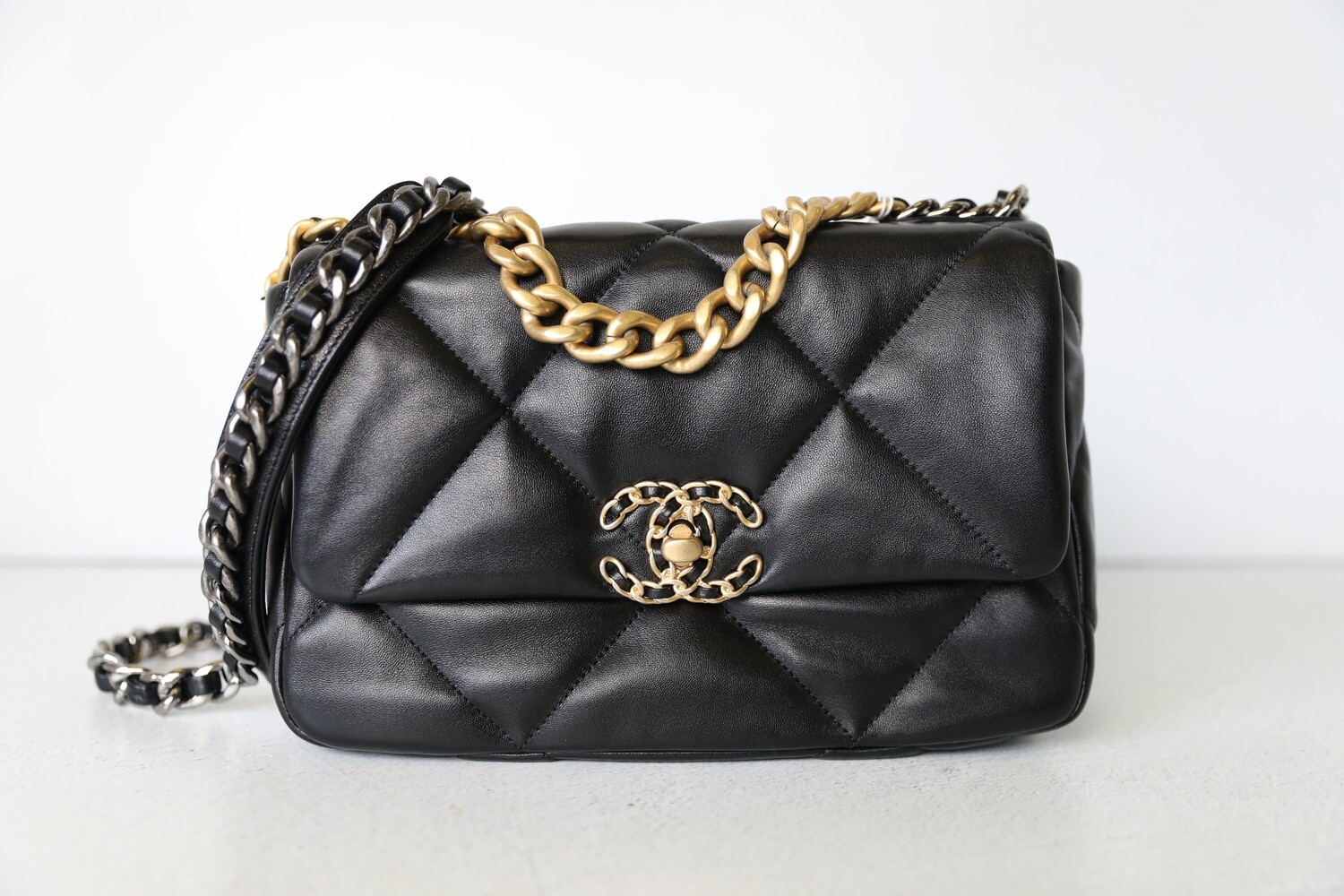 Chanel 19 Small, Black Leather with Mixed Tone Hardware, Preowned in Box  WA001
