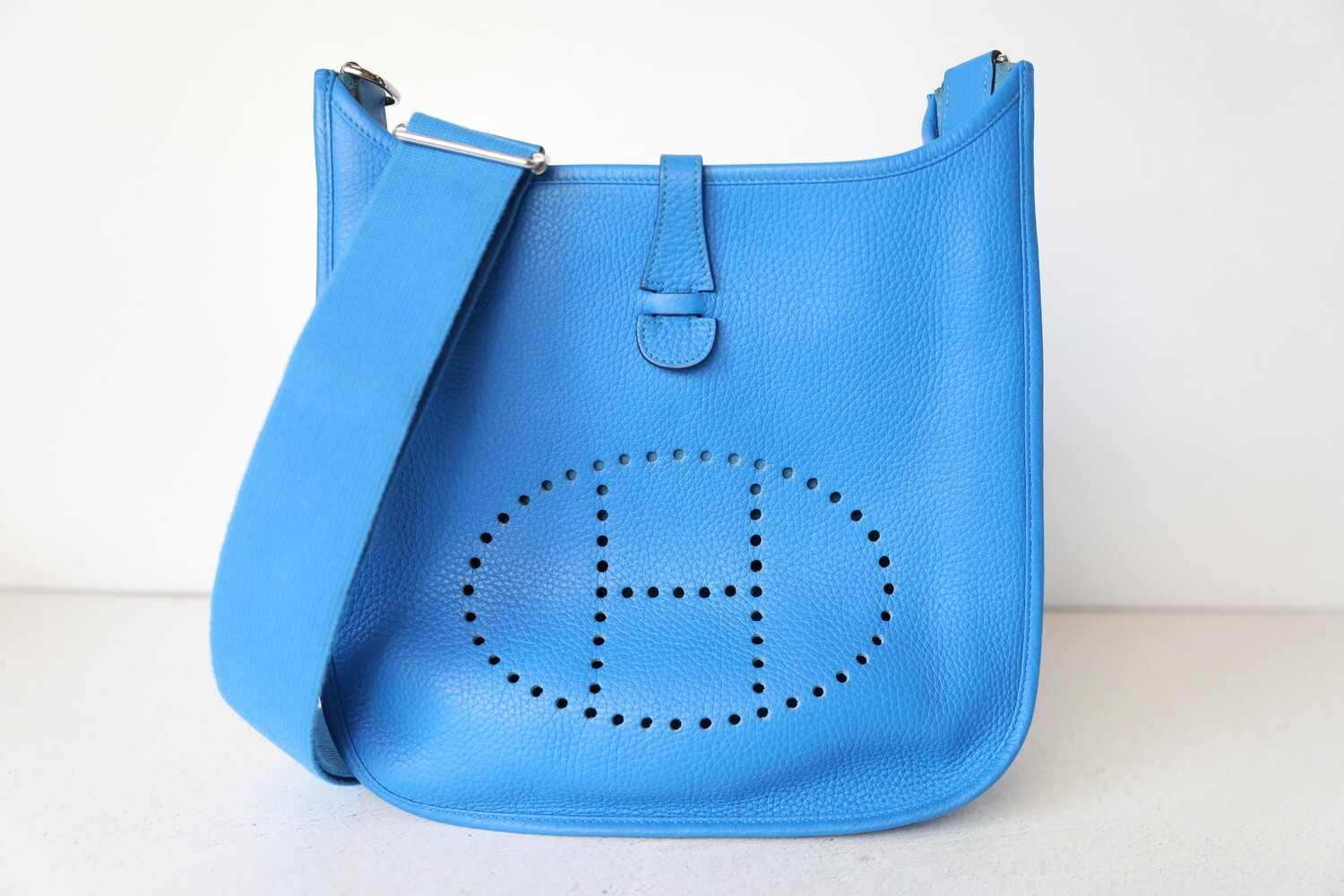 Hermes Evelyne PM, Blue Leather with Palladium Hardware, Preowned in Dustbag WA001