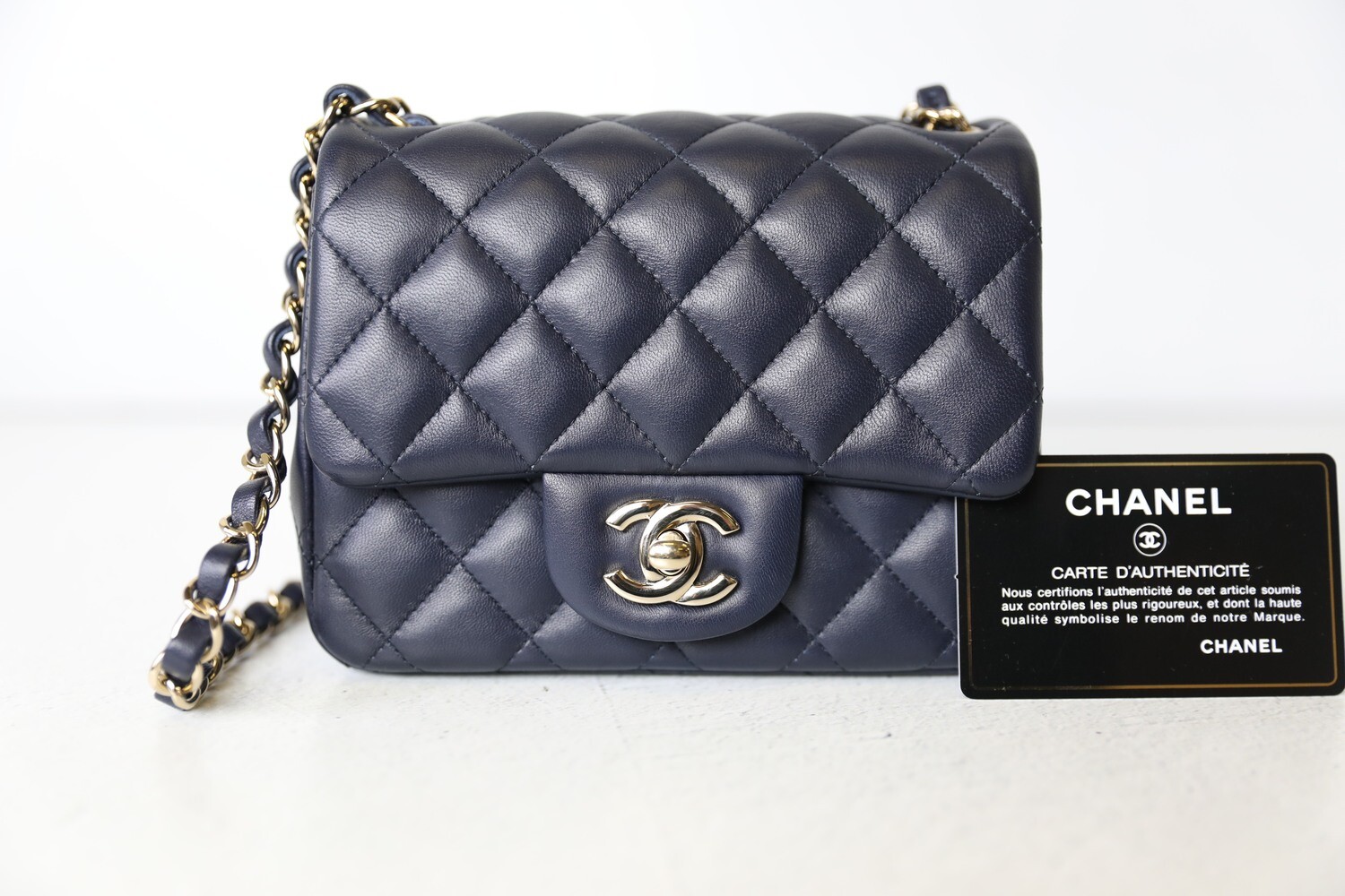 Chanel Classic Mini Square, Navy Lambskin with Gold Hardware, Preowned in  Box WA001