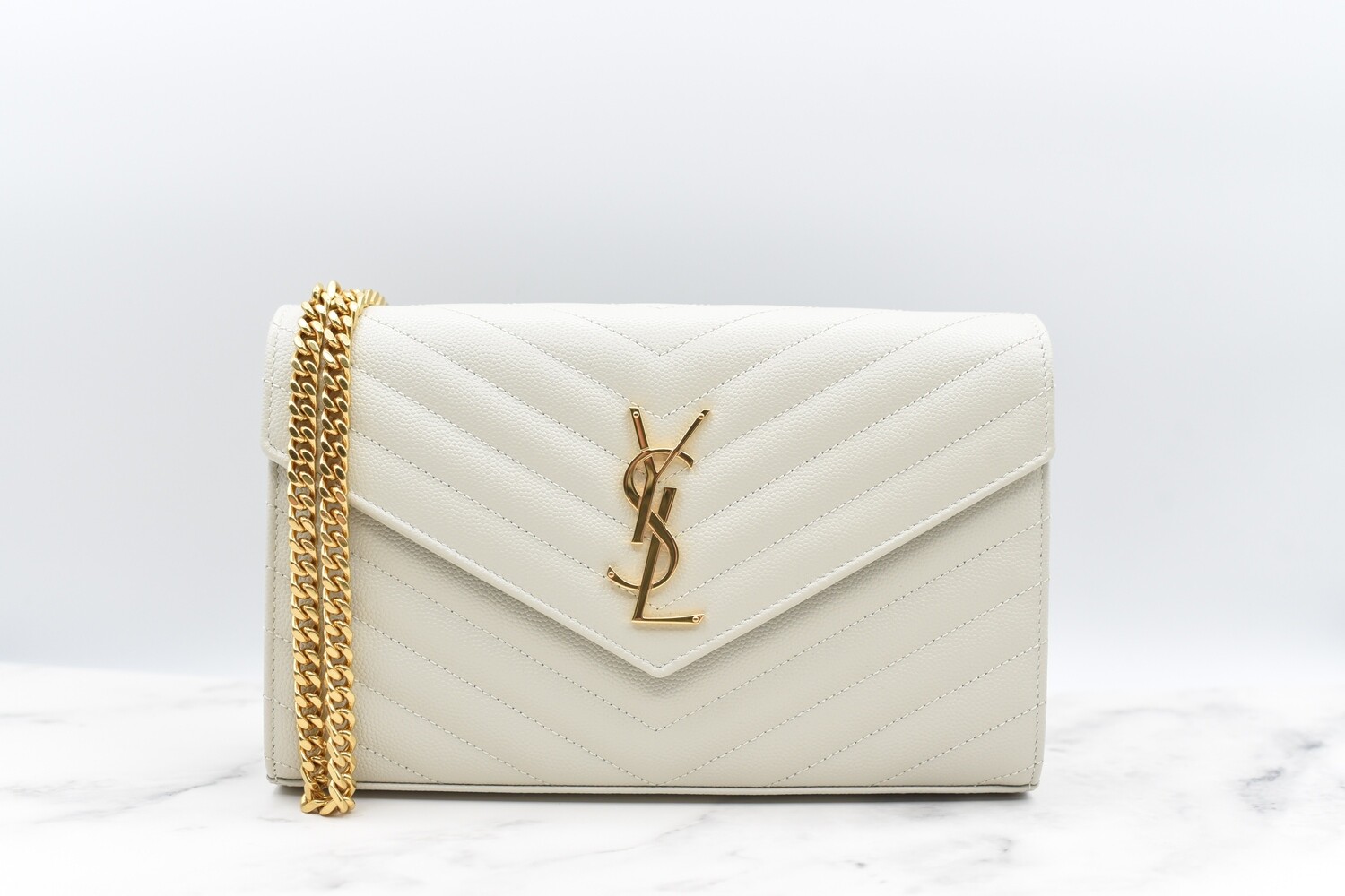 Saint Laurent Cassandre Matelasse Chain Wallet, Stone White Grained Leather with Gold Hardware, As New in Box GA003