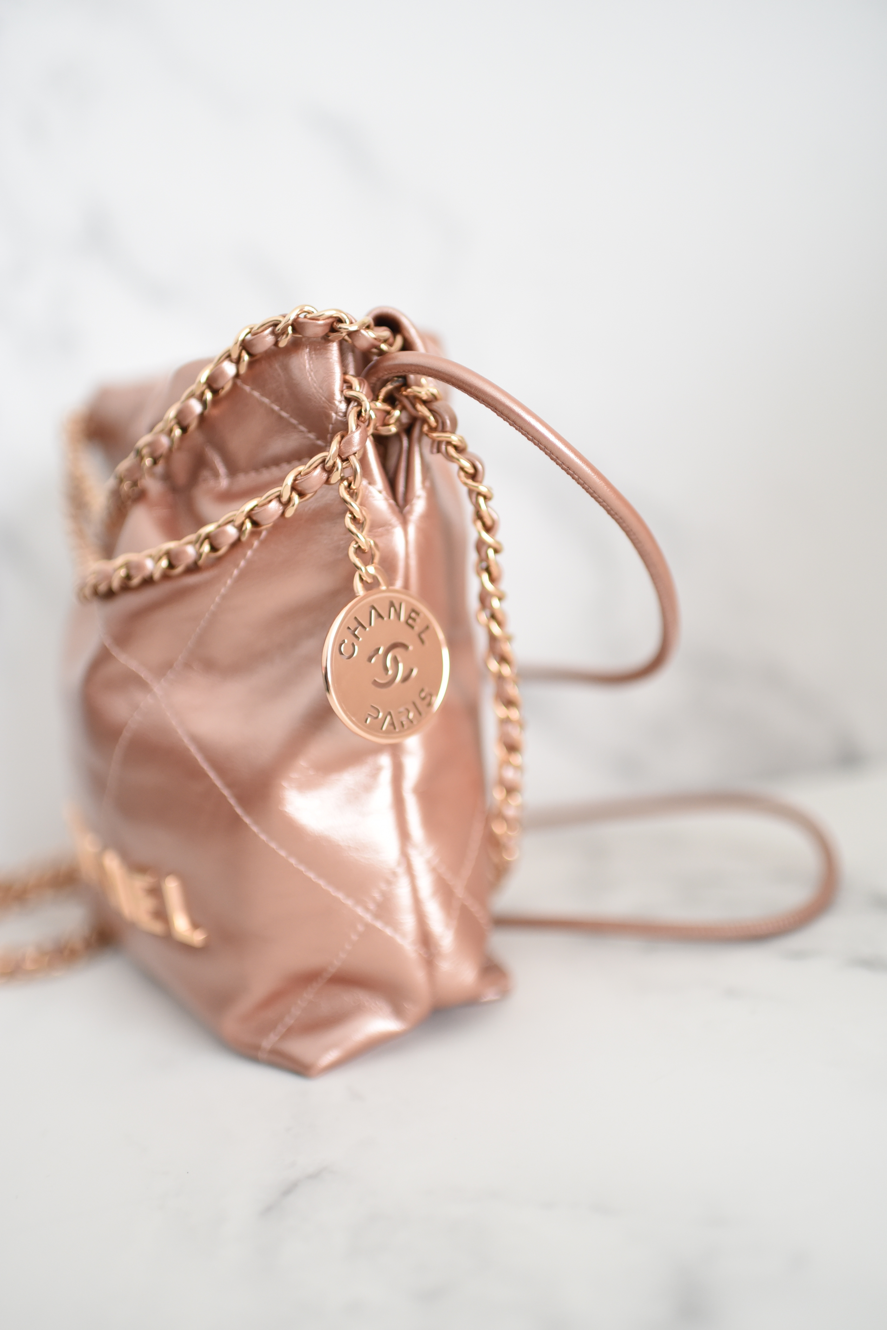 Chanel 22 Mini Quilted Hobo Tote, Rose Gold Calfskin with Gold Hardware,  New in Box MA001