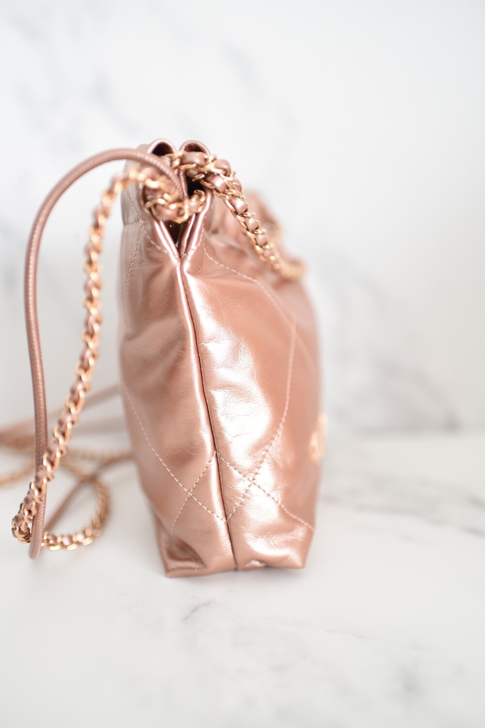 Chanel 22 Mini Quilted Hobo Tote, Rose Gold Calfskin with Chanel 22 Mini Quilted Hobo Tote, Rose Gold Calfskin with