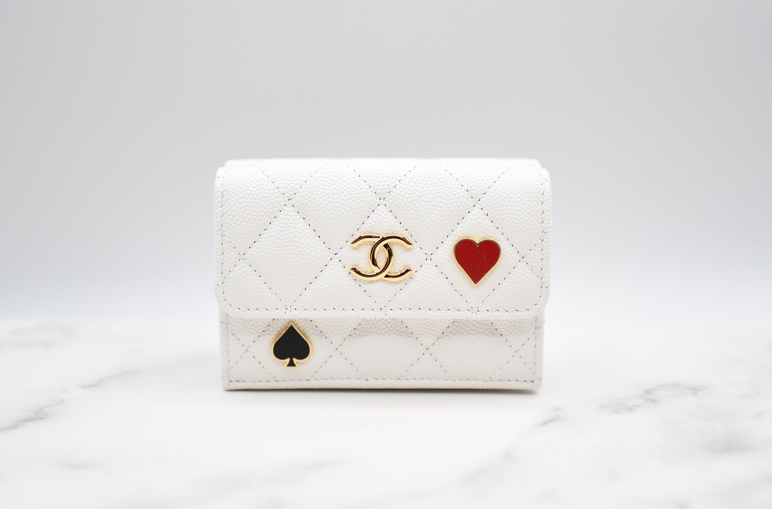 Chanel SLG Trifold Wallet, White Caviar Leather, Casino, Gold