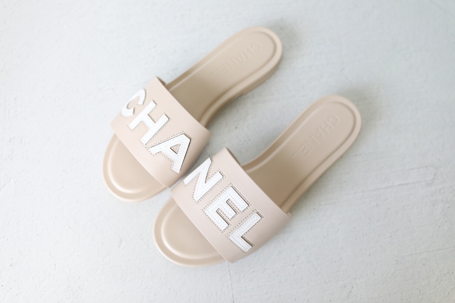 Chanel Slide Sandals, Beige and White, Size 38, New in Box WA001
