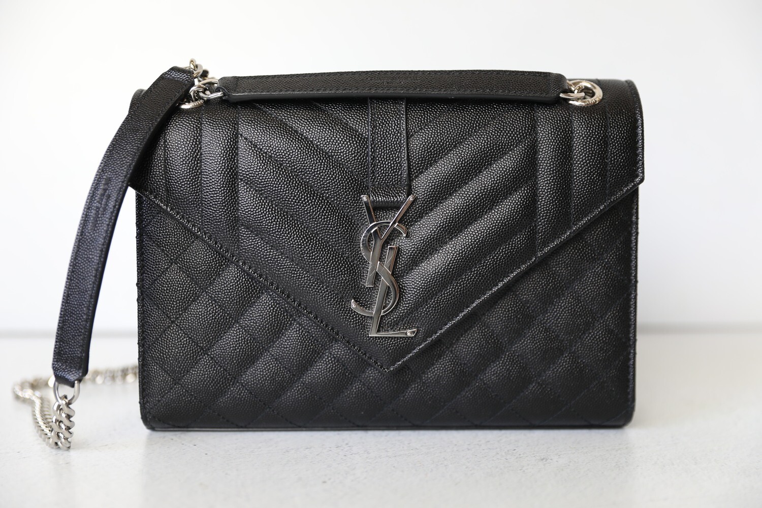 Saint Laurent Envelope Flap Medium, Black Pebbled Leather with Silver Hardware, Preowned in Dustbag WA001