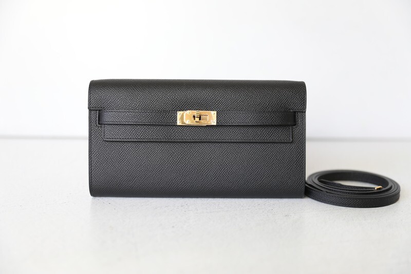 Hermes Kelly To Go Wallet, Black Epsom Leather with Gold Hardware, Preowned in Box CMA001