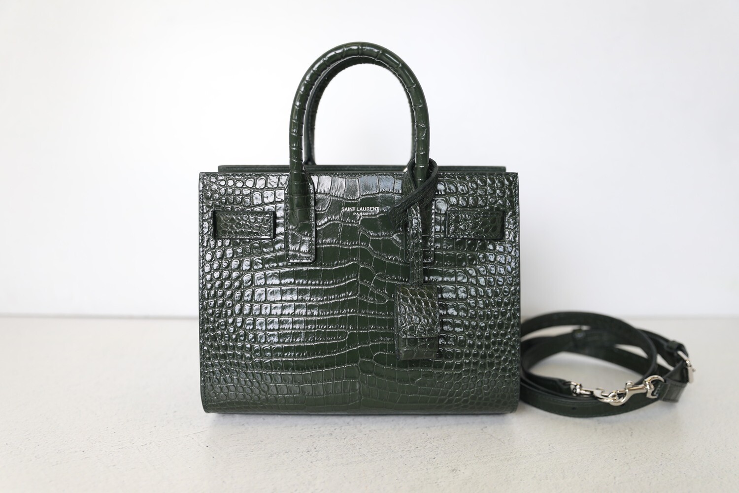 Saint Laurent Sac De Jour Nano, Green Croc Embossed Leather with Silver  Hardware, Preowned In Dustbag WA001