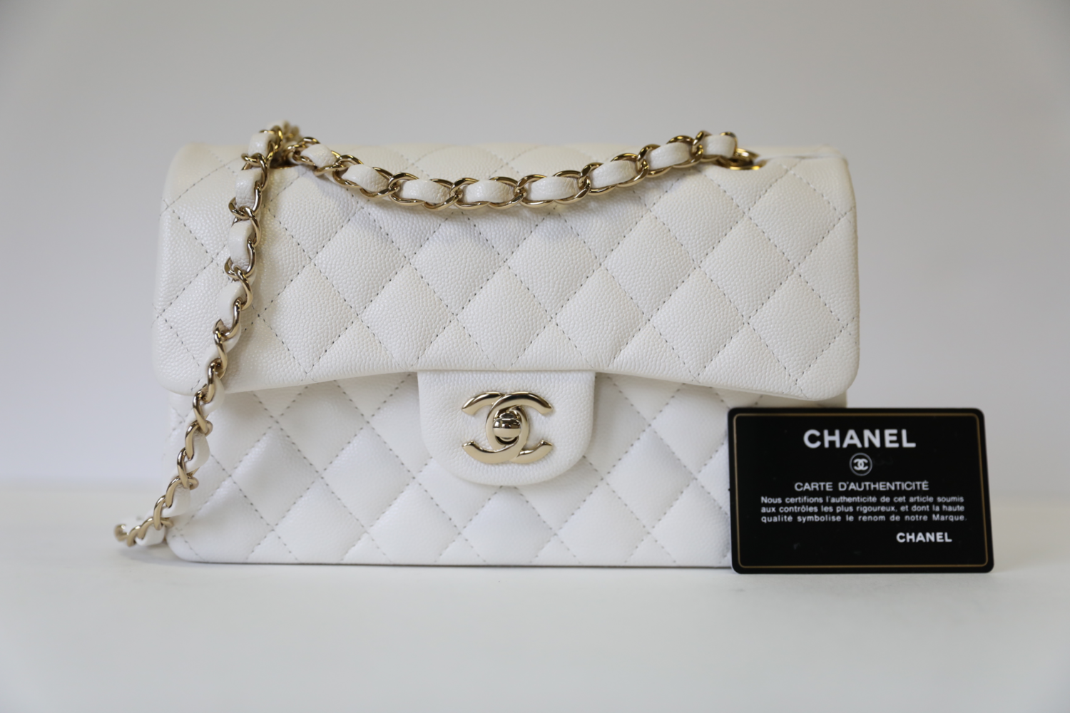 Chanel Classic Small, White Caviar with Gold Hardware, New in Box