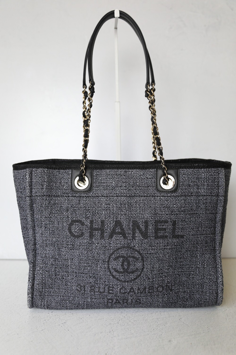 Chanel Deauville Small, Grey and Black with Gold Hardware, Preowned in Box WA001