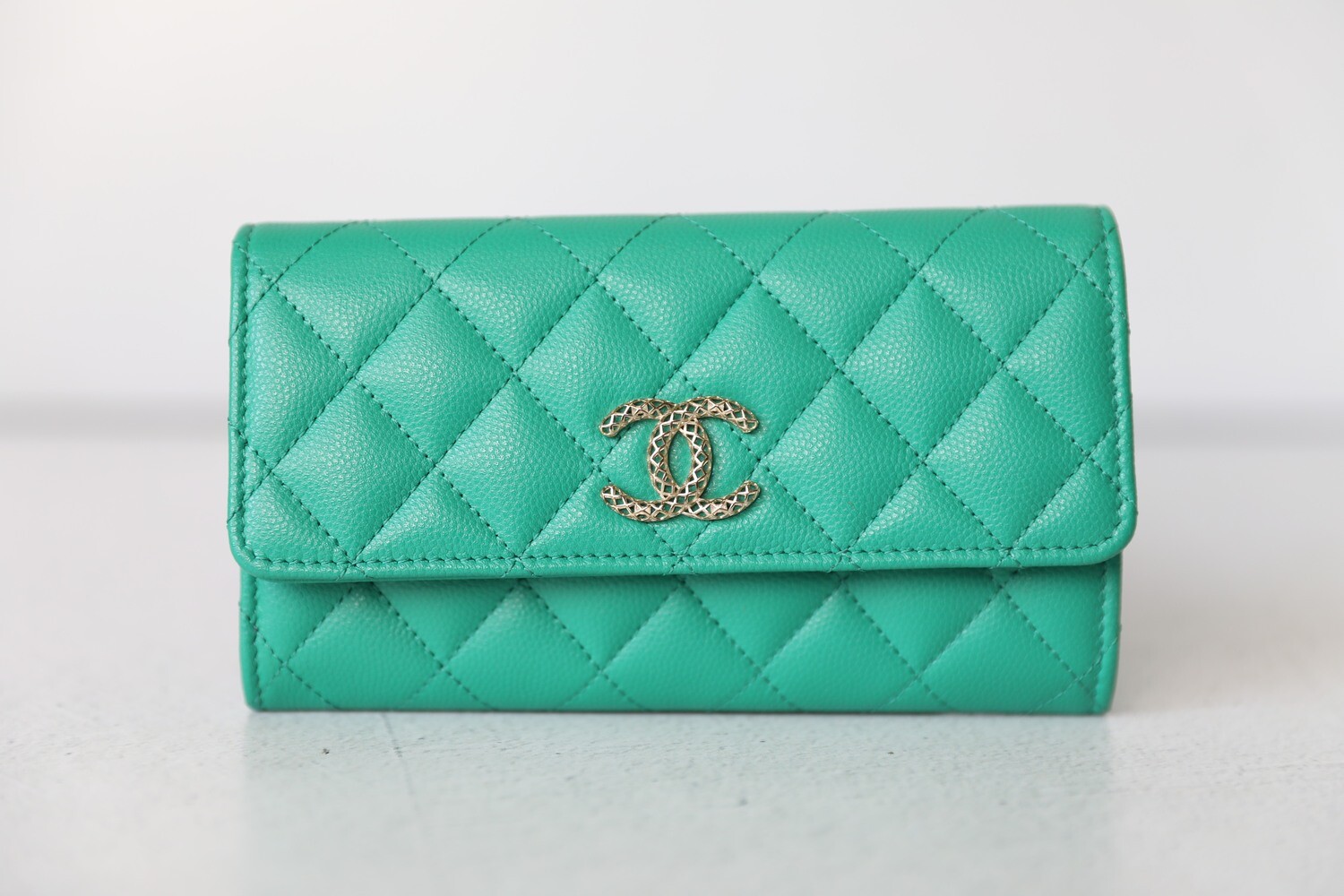 Chanel Long Wallet with Quilted CC, Green Caviar with Gold Hardware,  Preowned in Box WA001