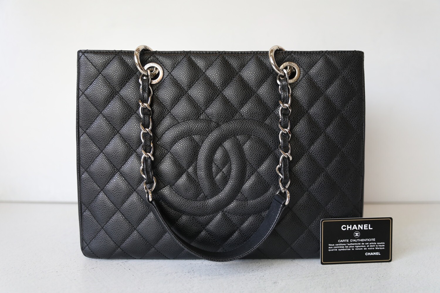 Chanel GST Tote, Black Caviar with Silver Hardware, Preowned in Box WA001