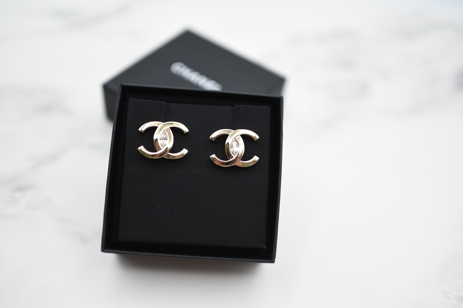 Chanel Earrings Large CC Studs, Gold Hardware with Crystals, New in Box GA001 Julia Rose