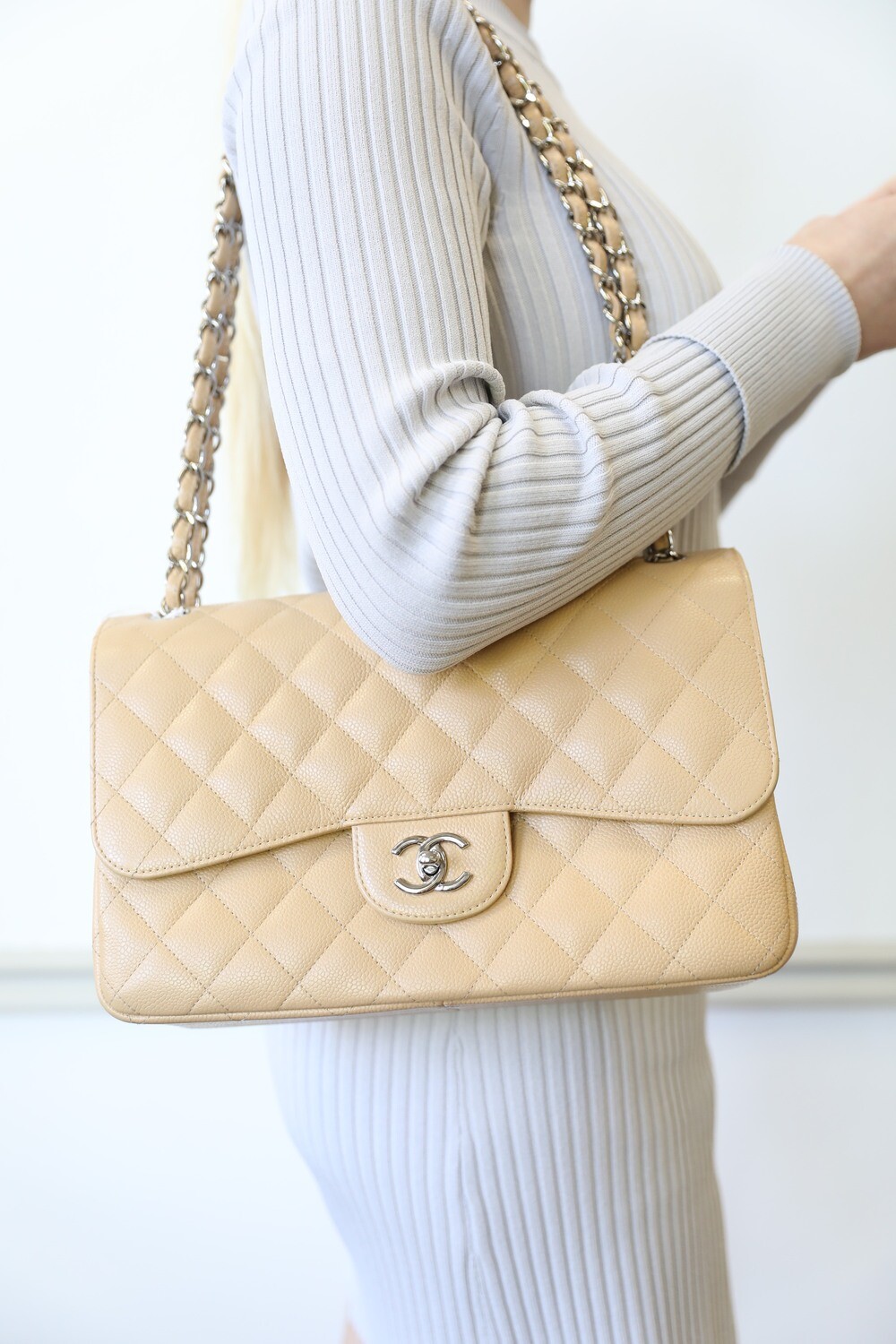 Chanel Classic Jumbo Double Flap, Beige Caviar Leather with Silver Hardware, Preowned in Box WA001