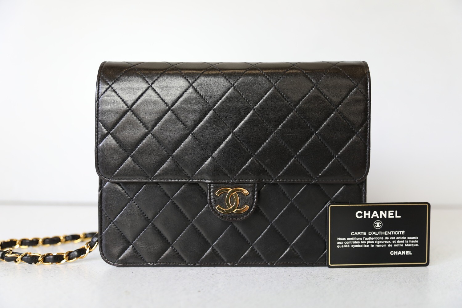 Chanel Vintage Square Flap, Black Lambskin with Gold Hardware, Preowned in Dustbag WA001