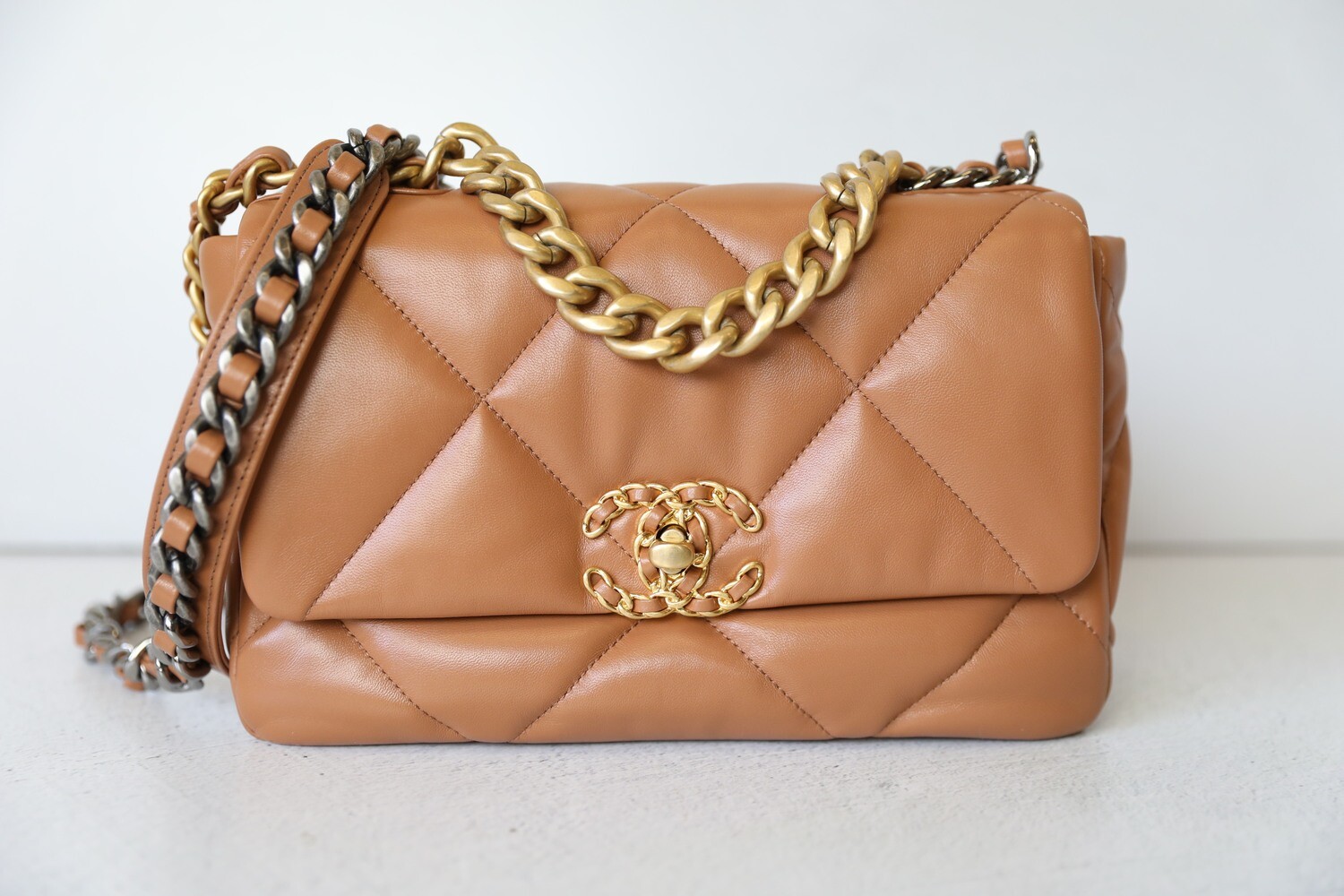 Chanel 19 Small, Caramel Lambskin Leather, Preowned in Box WA001