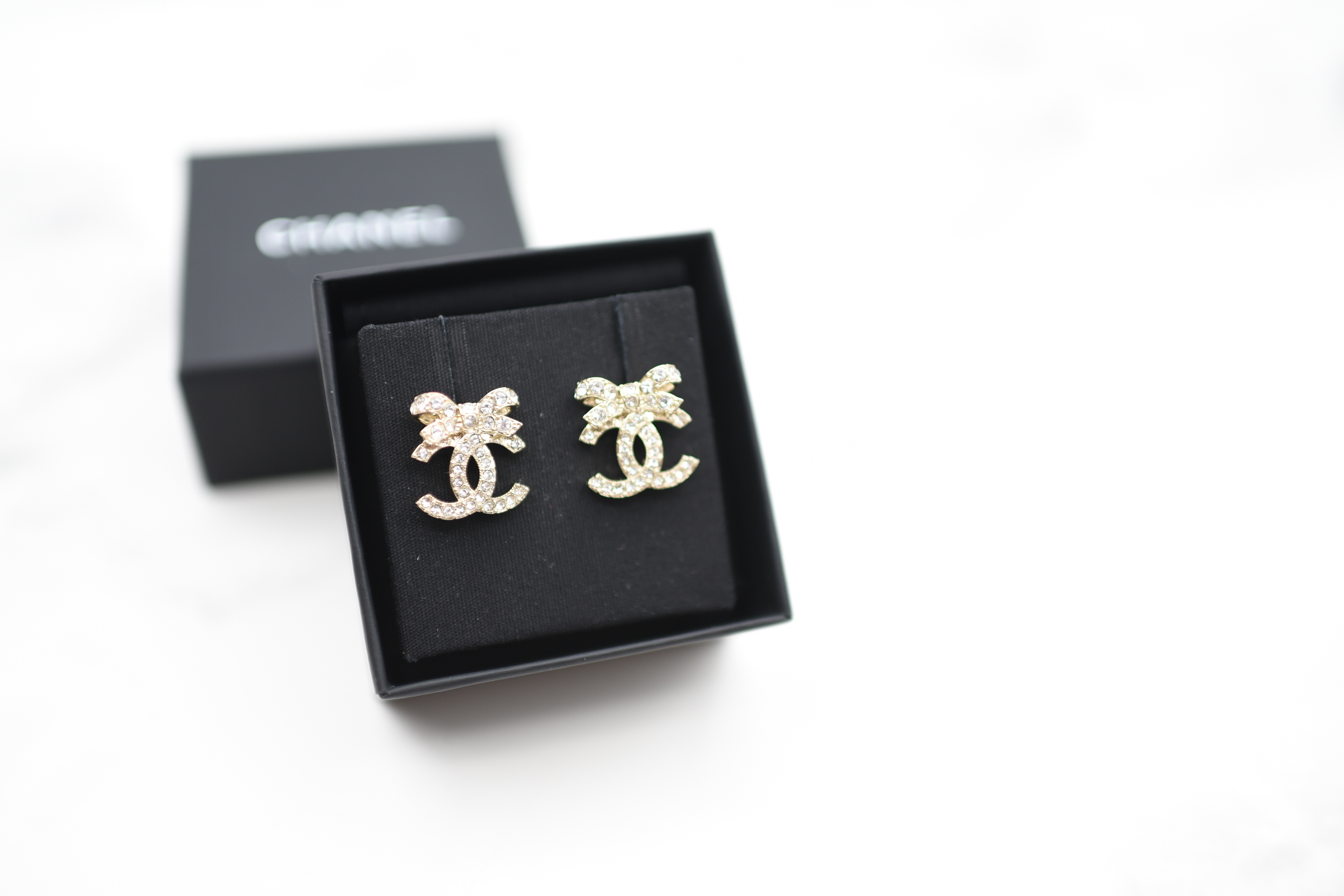 Chanel Earrings CC Ribbon Studs, Gold Hardware with Crystals, New in Box  MA001 - Julia Rose Boston