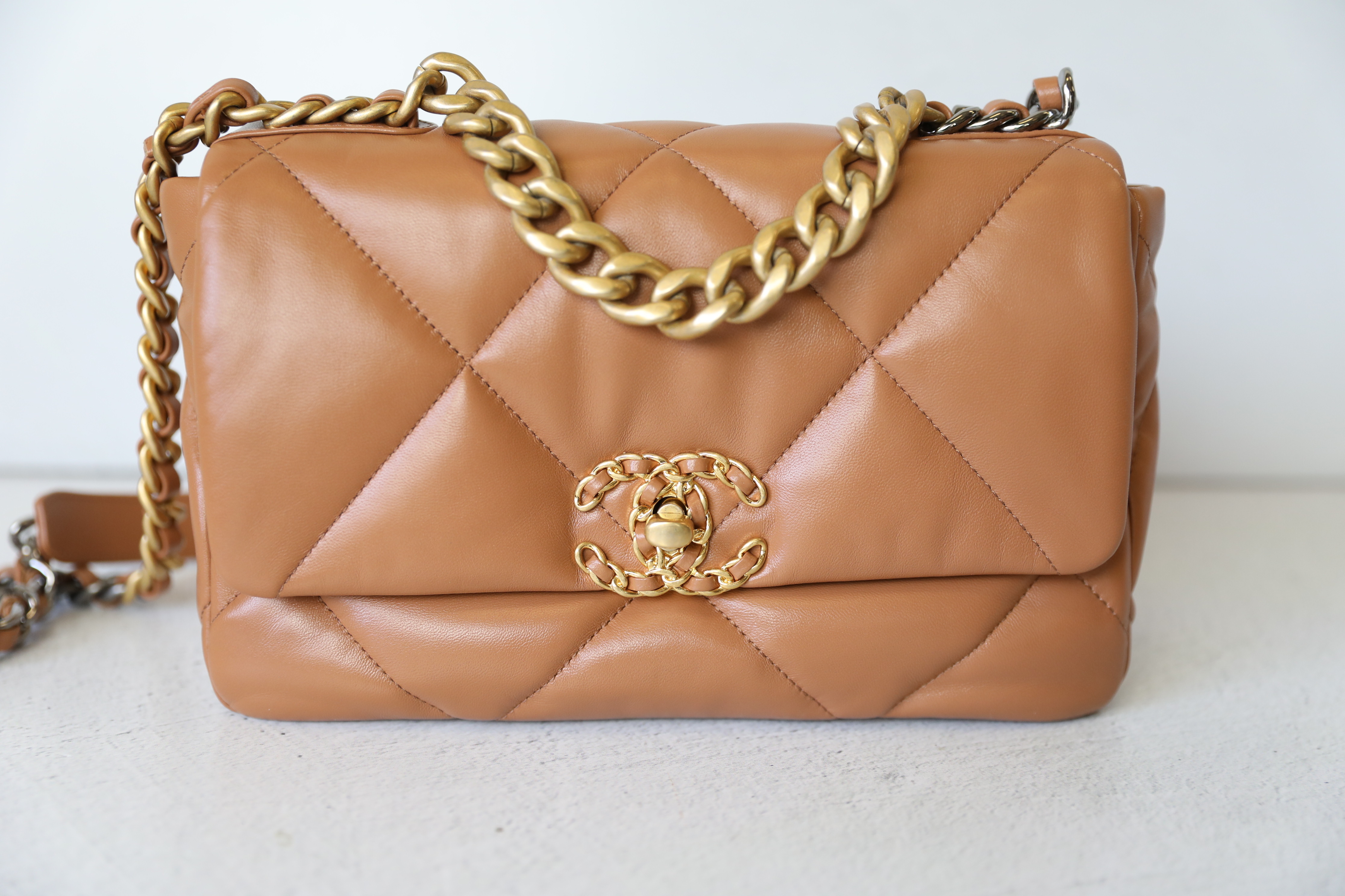 Chanel 19 Small, Caramel Brown Lambskin, Preowned in Dustbag