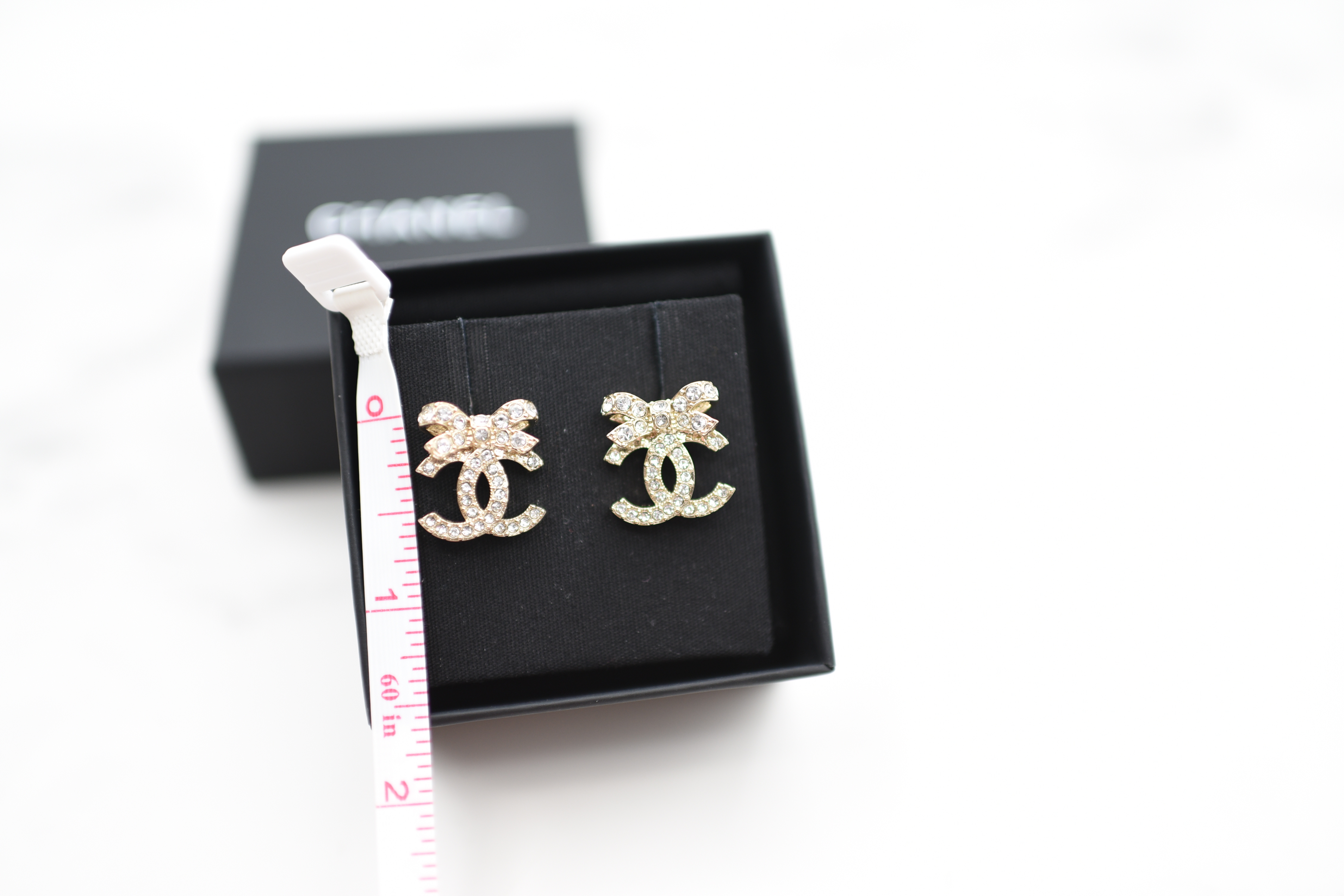 Chanel Earrings CC Ribbon Studs, Gold Hardware with Crystals, New in Box  MA001