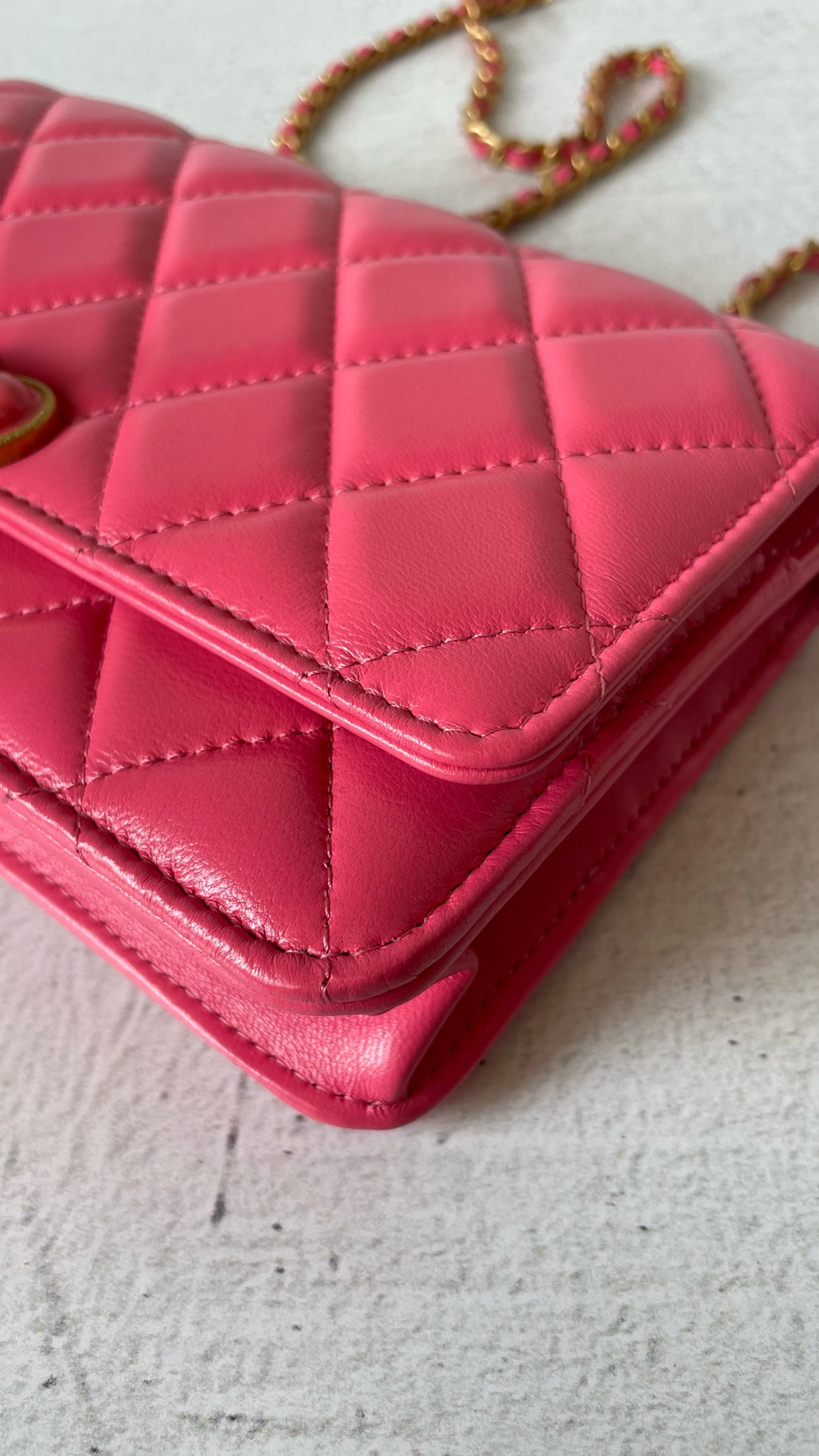 CHANEL Lambskin Chevron Quilted Trendy CC Wallet On Chain WOC Pink 627314