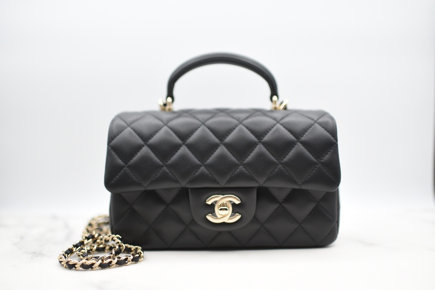 Chanel Mini with Top Handle, Black Lambskin with Light Gold Hardware, New  in Dustbag GA003