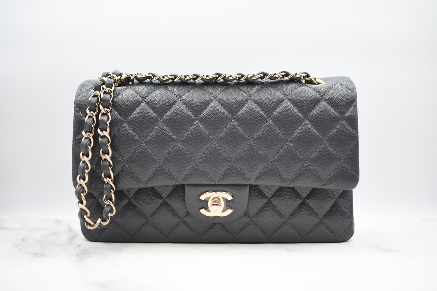Chanel Classic Medium Double Flap, Dark Grey Caviar Leather with Gold  Hardware, New in Box GA003