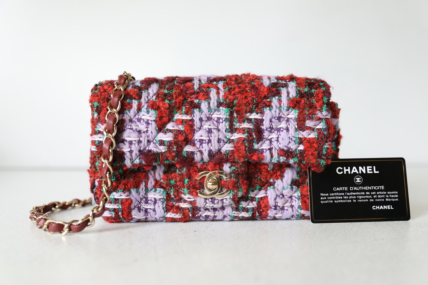 Chanel Mini Rectangular, Red and Purple Tweed with Gold Hardware, Preowned  in Box WA001