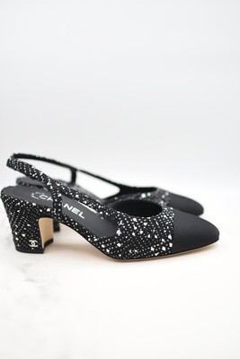 Chanel Slingback with Black and White Tweed, Size 37, New in Box GA001