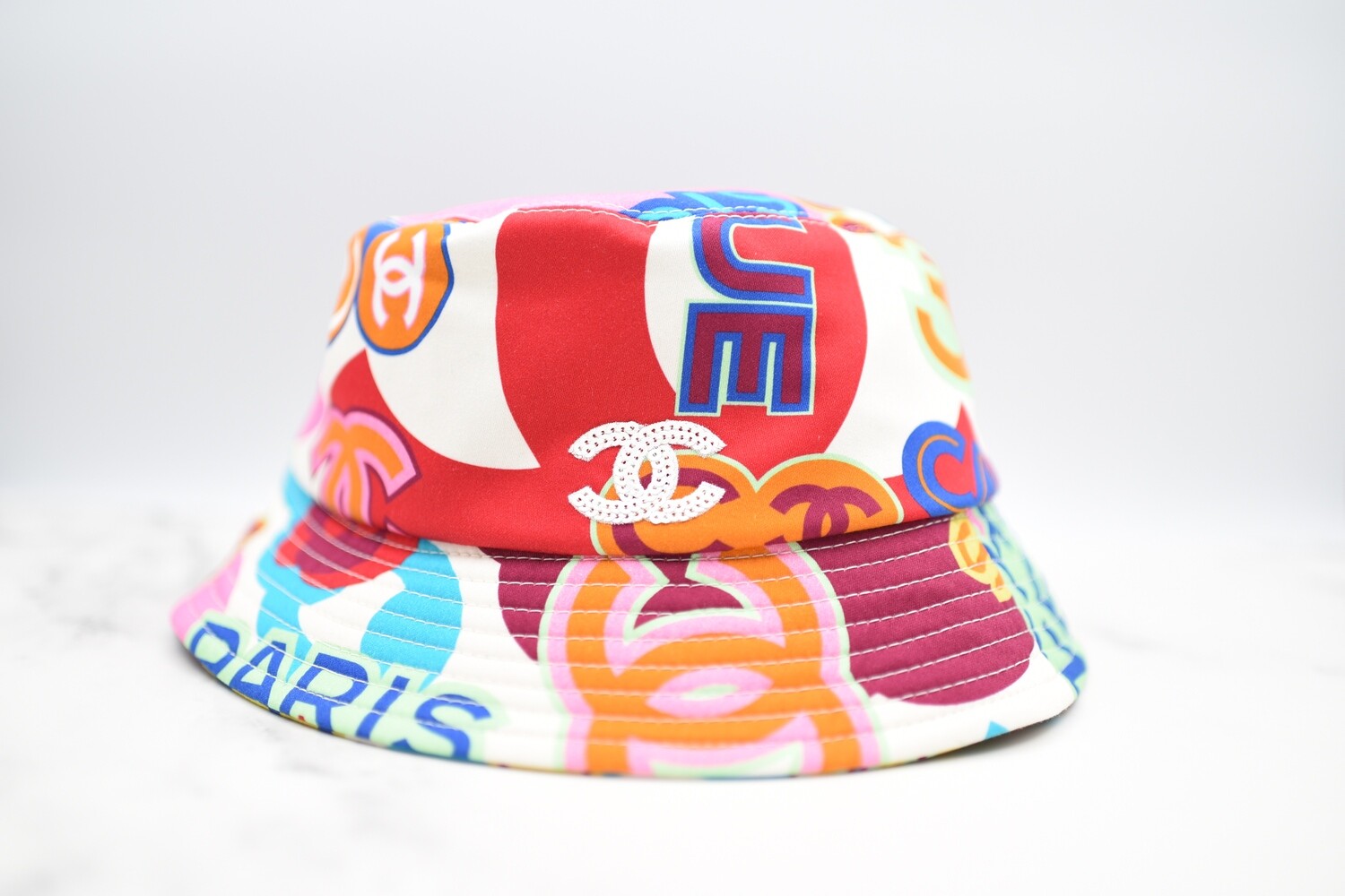 Chanel Bucket Hat, Multi-color Print with Sequin CC, Size Small, New GA001