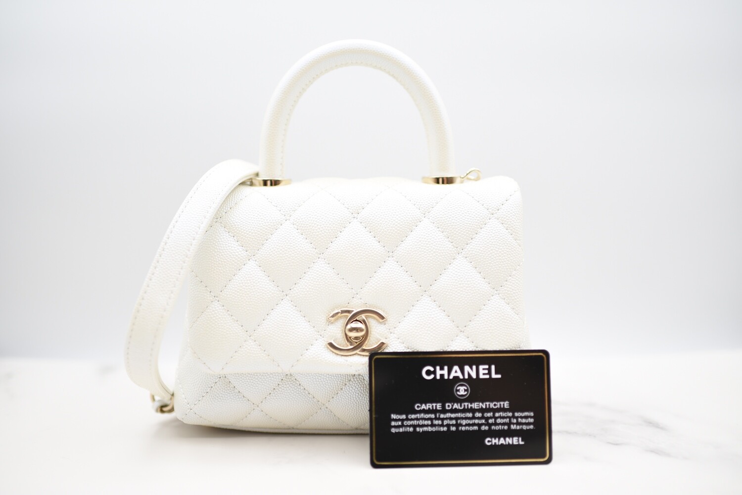 Chanel Coco Handle Extra Mini, Iridescent White Caviar Leather with Gold Hardware, New in Box GA003
