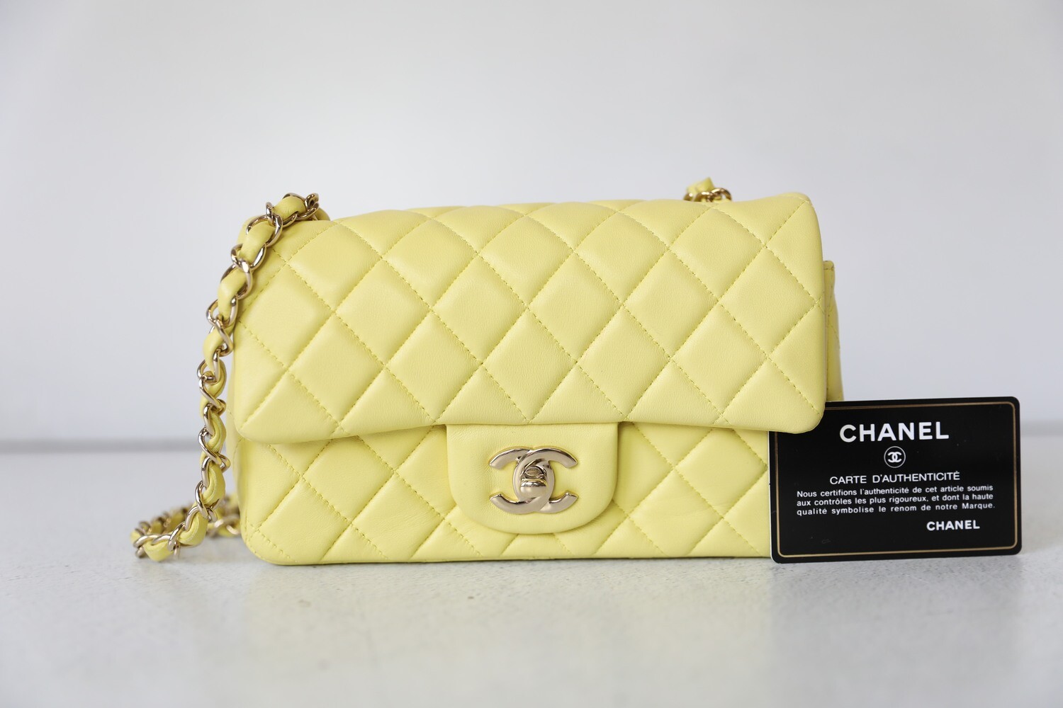 Pastel Yellow Lambskin Quilted Mini Top Handle Light Gold Hardware