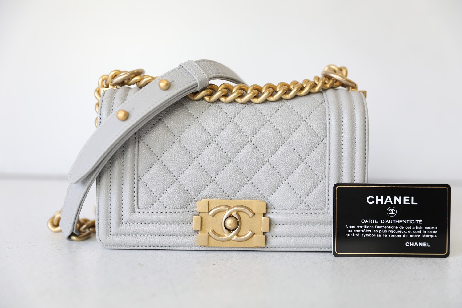 Chanel Grey Caviar Quilted Leather Silver Tone Metal Small Boy Flap Bag  A67085 at 1stDibs  chanel boy bag grey chanel grey boy bag gray chanel  boy bag