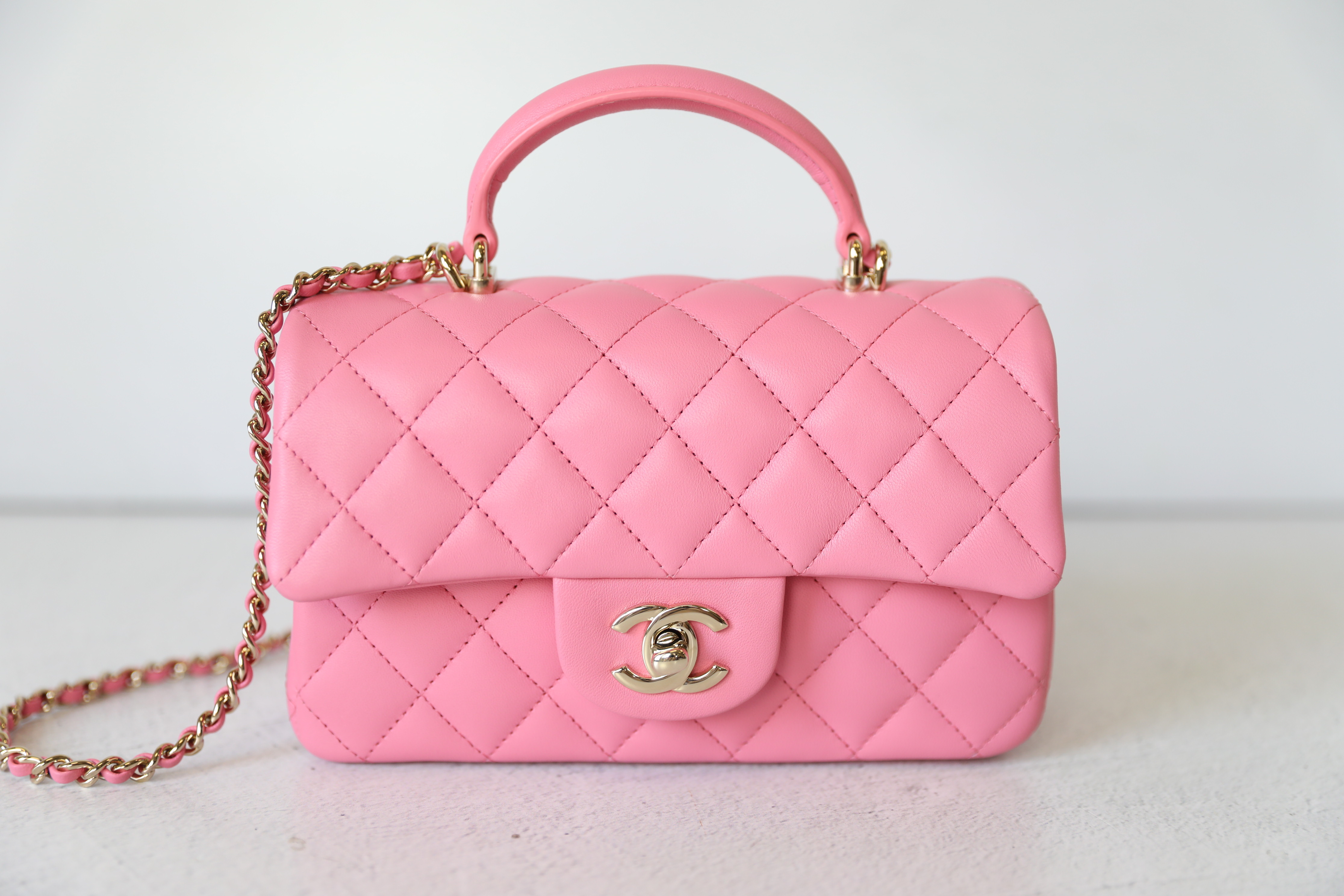 Chanel Mini Rectangular Top Handle, Pink Lambskin with Gold