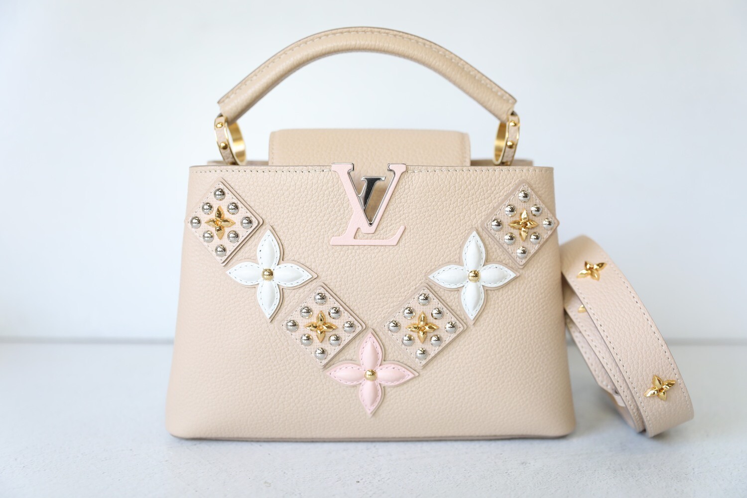 Louis Vuitton Capucines, Taupe Beige Studded with Flowers, Preowned in Box  WA001