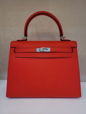 Hermes Kelly 25 Sellier, Red Epsom Leather, Palladium Hardware, Preowned In Dustbag