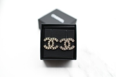 Chanel Earrings Large CC Studs, Gold Hardware with Rhinestones, New in Box GA001