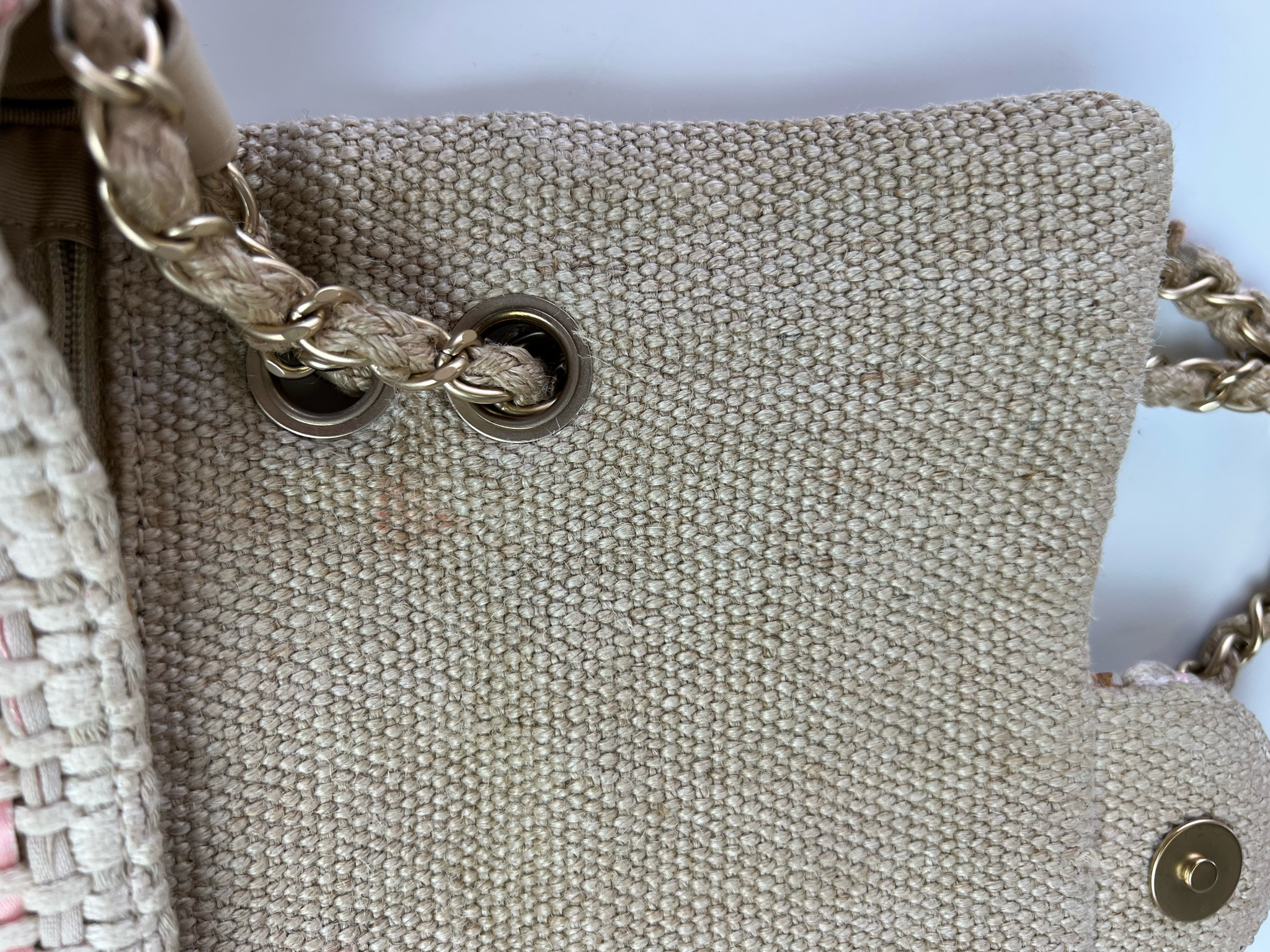 Chanel Flap, Knit Woven, Beige and Pink with Gold Hardware