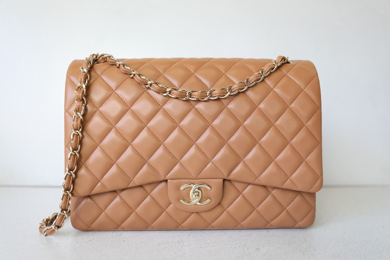 Chanel Classic Double Flap Maxi Caramel Lambskin with Gold Hardware Preowned in Box WA001