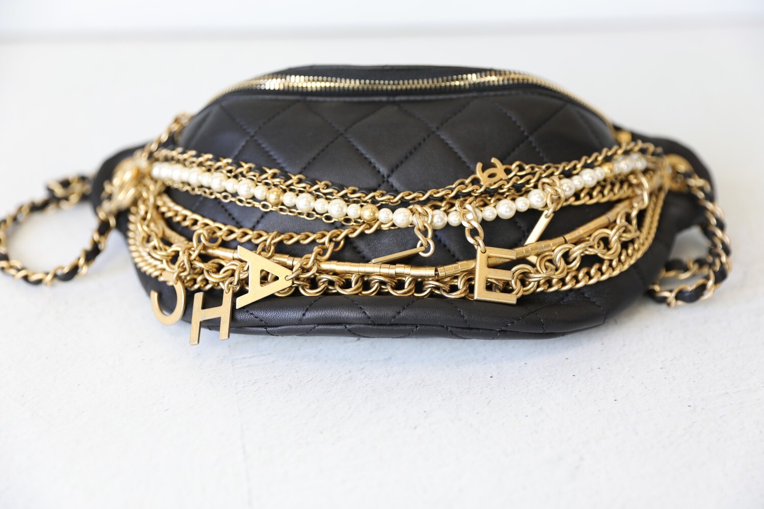 Chanel Bum Bag with Chains Black with Gold Hardware Preowned in Box WA001