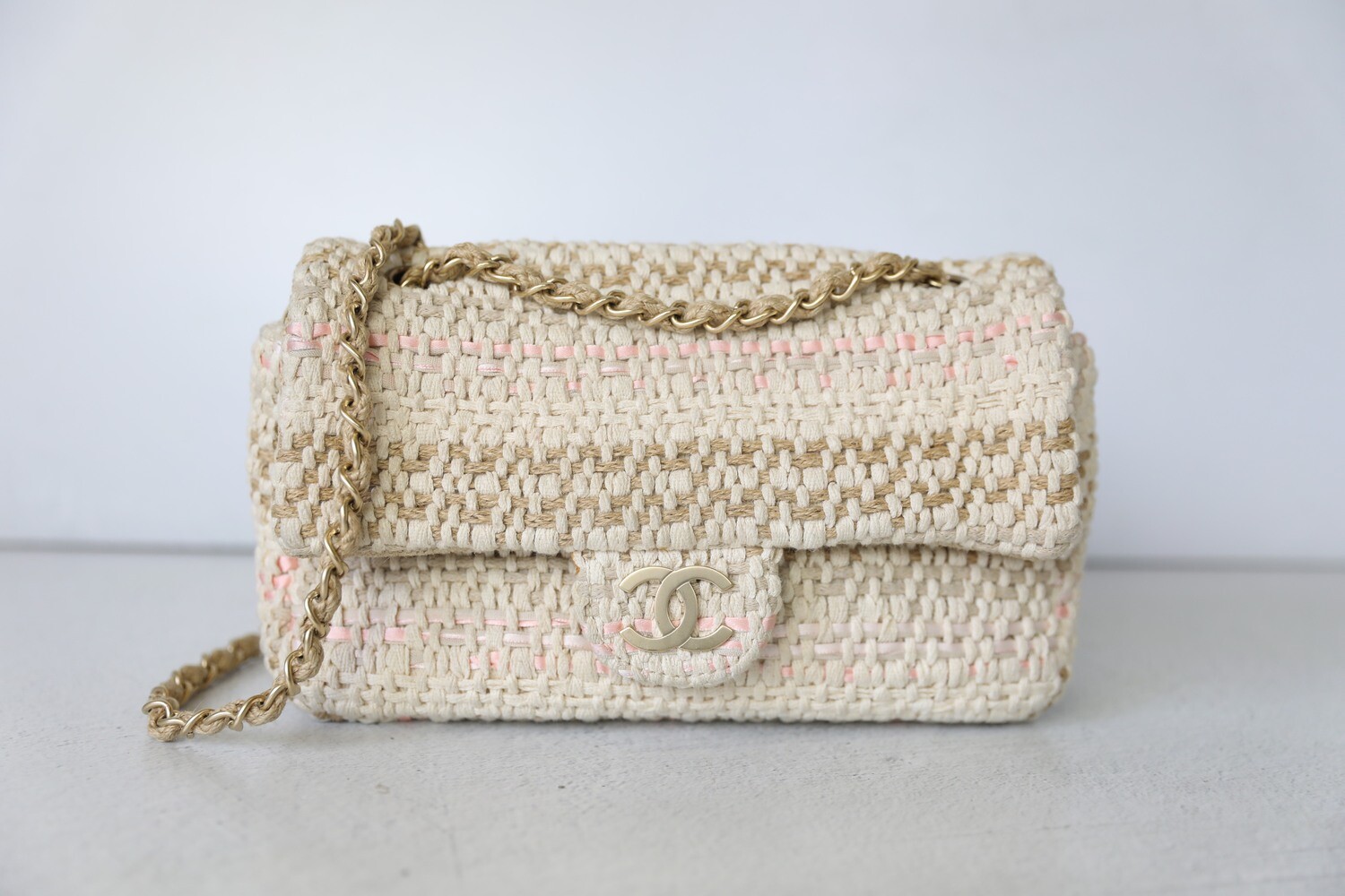 Chanel Flap, Knit Woven, Beige and Pink with Gold Hardware, Preowned No  Dustbag WA001